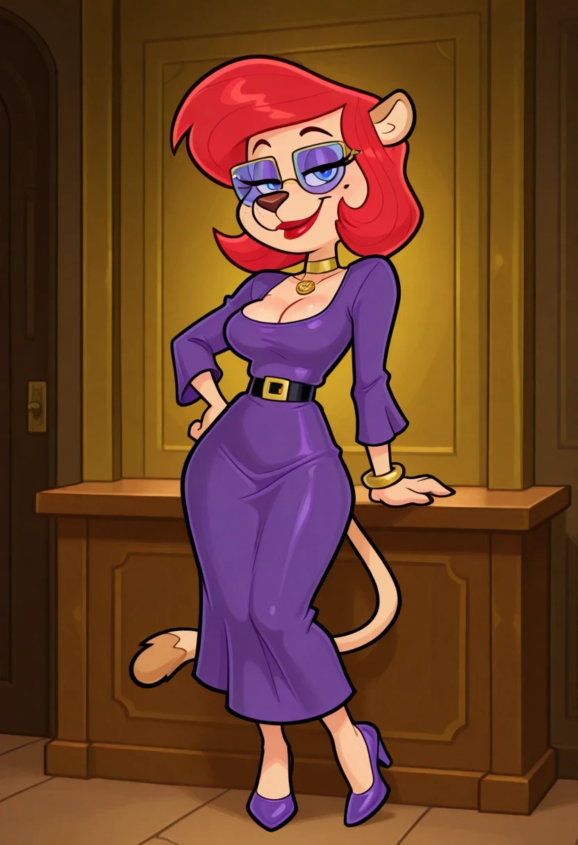 amazing quality, highres, masterpiece, best quality, 1girl, solo, 2D, flat, parody, style accurate, style parody,

CountingCougar, Slender physique, shapely figure, Anthropomorphic cougar, feline, black snout, prominent nose, Voluminous red auburn shoulder-length bob hair, Blue eyes, rectangular purple-tinted glasses, mole, beauty mark, prominent eyelashes, wide smile, red lips, gold choker necklace, short Form-fitting long-sleeved purple belted dress, tail, cleavage, gold bracelets, black belt with gold square buckle, Purple heels

looking at viewer, hand on own hip, arm support, smirk, half-lidded eyes, full body,
