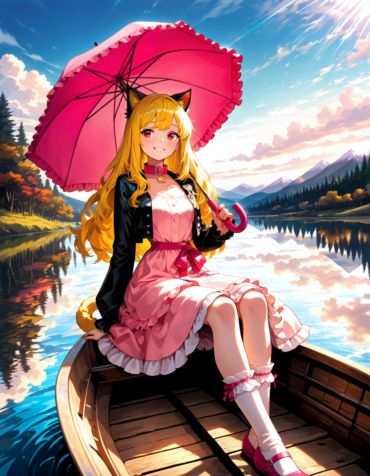 <lora:Ultra Lora Detailer and Glow>,1girl,
solo,lazypos,anime-style,detailed background,vibrant colors,delicate,dreamy,cinematic lighting,volumetric lighting,ray tracing,dramatic shadows,dappled sunlight,clouds,blue sky,kaela20,blonde hair,red eyes,long hair,smile,SWdress,cropped jacket,long sleeves,lace trim,frills,layered skirt,puffy dress,cross-laced dress,buttons,waist ribbon,pink dress,frilled dress,white socks,frilled socks,kneehighs,ribbon footwear,mary janes,cat ears,outdoors,lake,boat,sitting,holding umbrella,skirt,animal ears,socks,umbrella,watercraft,usnr10th \(instrument\),lace-trimmed sleeves,holding,sunlight,sky,dress,pink collar,frilled umbrella,lace-trimmed umbrella,
A young girl sitting on a wooden boat in the middle of a lake. she is wearing a pink dress and has long blonde hair that is styled in loose waves. the girl is holding a large pink umbrella over her head,which is tilted slightly to the side. the overall mood of the image is peaceful and serene.,