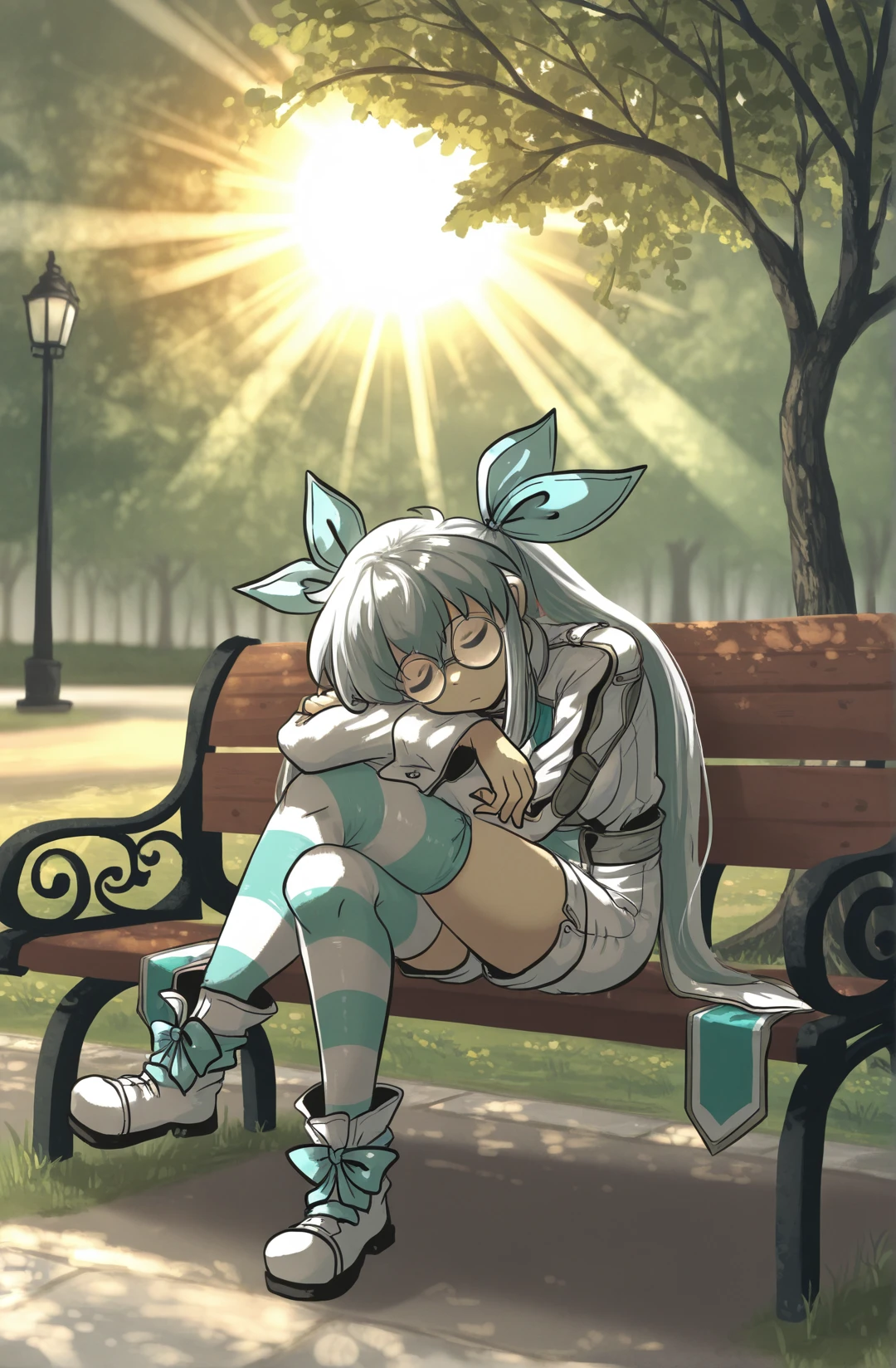 1girl,  <lora:Olmine_Illustrious:1> olmine, glasses, stripped thighhighs, white shorts, ribbons, sitting on bench, park, sun, god rays, crossed legs, head on elbow, masterpiece, best quality, newest, absurdres, highres, new, (goma \(gomasamune\),:0.7) (koto inari:0.4)