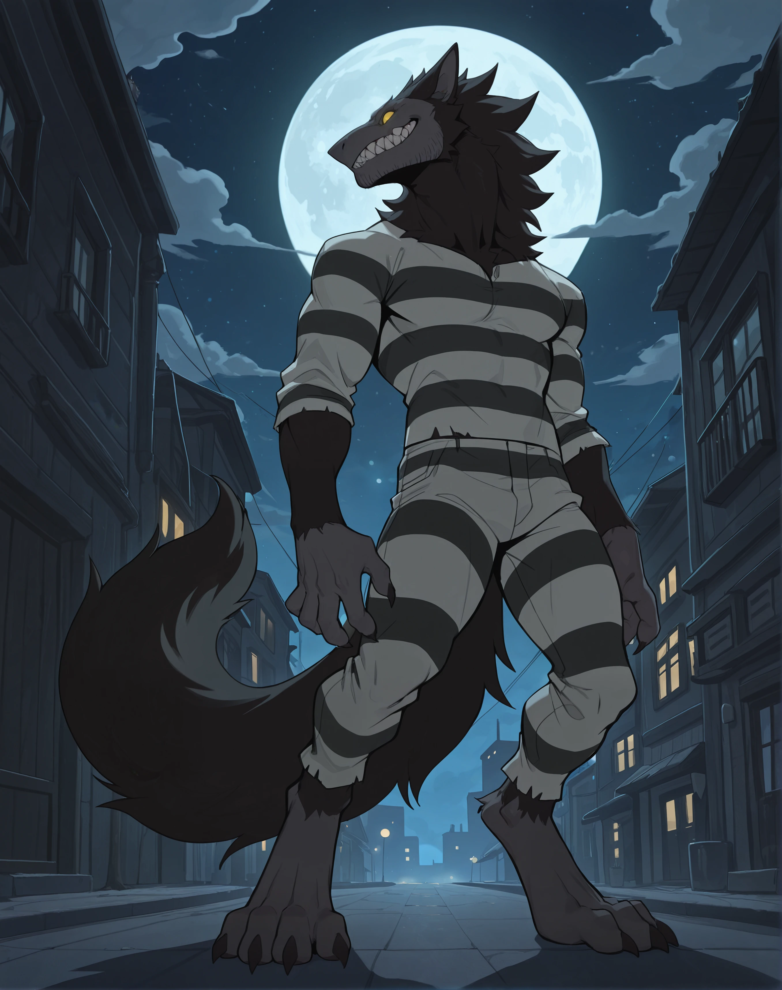 masterpiece, best quality, perfect quality, cartoon, clean style, (flat colors), thick outlines, black outlines, anime, 1boy, male, 
standing tall, night, full moon, city, moon behind head, smirk, 
fr33, sharp teeth, fur, pointed ears, black skin, broad shoulders, wide , digitigrade, yellow eyes, thick neck, claws, stubble, tail, clothes, stripes, stripped shirt, stripped pants, stripped clothes
<lora:Free for Illustrious:0.9>