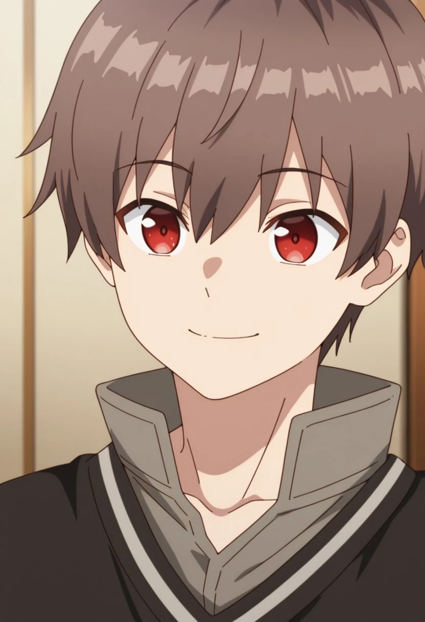 masterpiece,best quality,amazing quality, source_anime, 
areprt, 1boy, male focus, solo, red eye, brown hair, collarbone, brown shirt, high collar, brown sweater, portrait, smile,