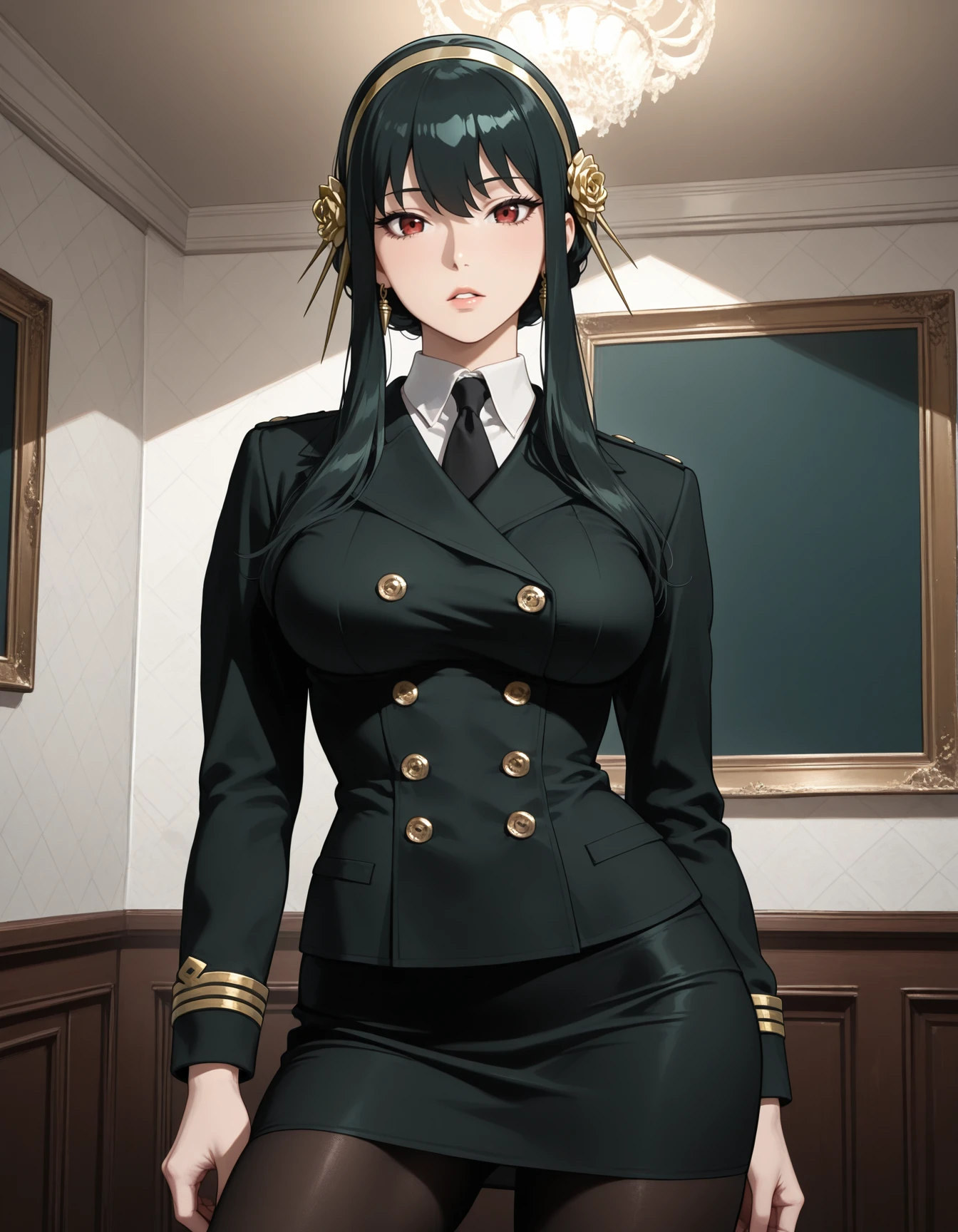 1girl, solo, yor briar, <lora:Outfit_soph-STB-WRNS-Cosplay-ILXL:1> double-breasted, black military uniform, buttons, white collar, necktie, looking at viewer, parted lips, contrapposto, cowboy shot, pencil skirt, pantyhose, indoors, masterpiece, best quality, very aesthetic, newest
