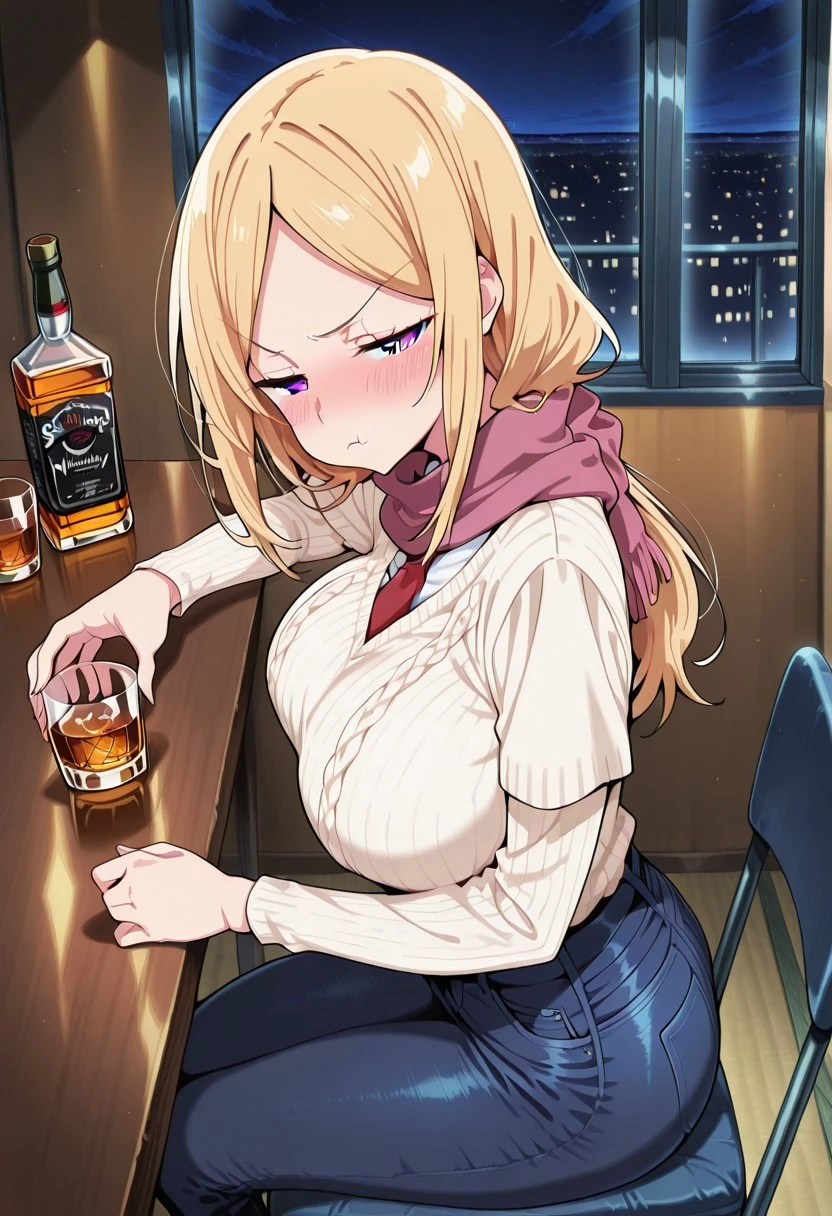 Masterpiece, top quality, amazing quality, Score_9, Score_8_up, Score_7_up, core_9, Score_8_up, Score_7_up, 1 mature female, alone, , Alone, Original anime,1 girl, Jyuri,female,long hair,blonde hair,big breast,(purple eyes:1.1),
skirt,black skirt,shirt,white shirt,long sleeves,scarf,red tie,
<lora:drunk-pouting-illustriousxl-lora-nochekaiser:1>, drunk pouting, solo, looking at viewer, blush, shirt, holding, closed mouth, jewelry, sitting, white shirt, short sleeves, sky, pants, indoors, from side, sweater, cup, window, night, chair, table, bottle, denim, holding cup, night sky, drinking glass, alcohol, jeans, blue pants, :t, pout, whiskey, half-closed eyes,, , ,