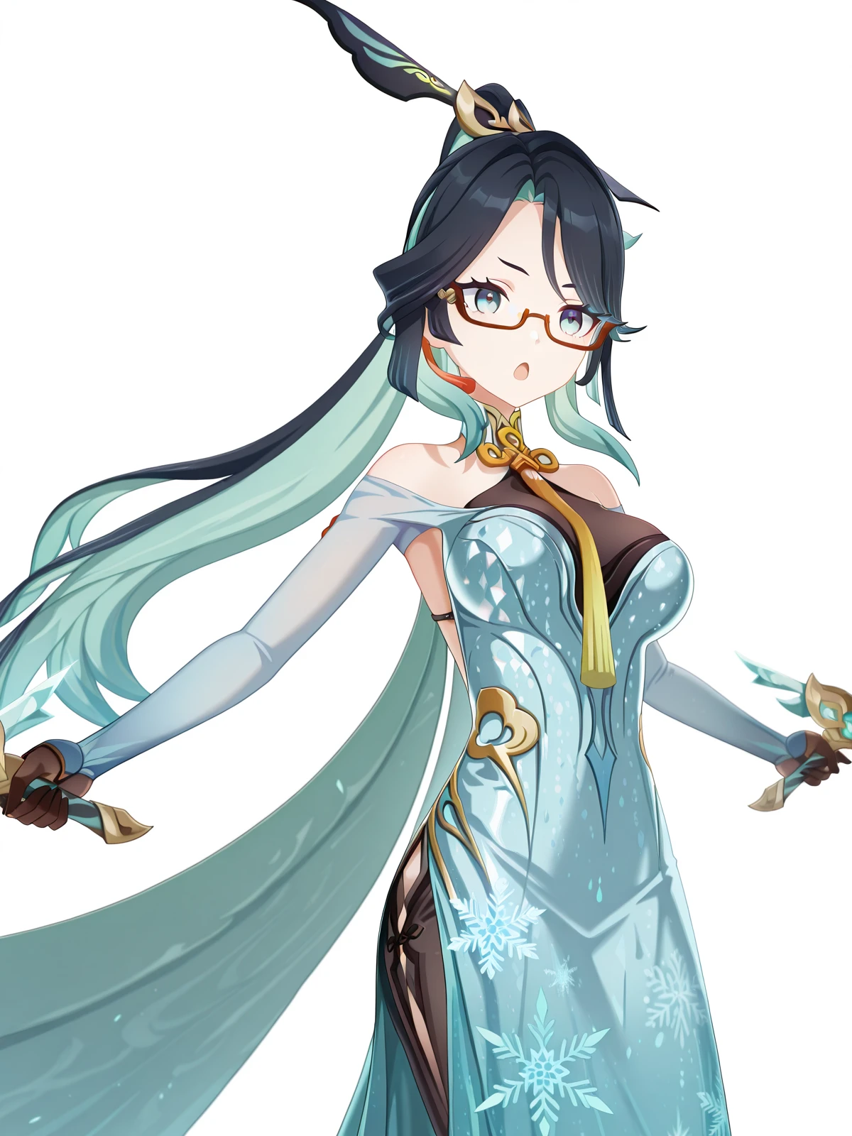 masterpiece, best quality, amazing quality,, <lora:genshin-xianyun-ingame-illustriousxl-lora-nochekaiser:1>, xianyun, xianyun (genshin impact), long hair, black hair, hair ornament, very long hair, blue hair, multicolored hair, green hair, glasses, two-tone hair, aqua eyes, aqua hair, colored inner hair, semi-rimless eyewear, red-framed eyewear, mature female, large breasts, 3d, <lora:elsa-frozen-cosplay-illustriousxl-lora-nochekaiser:1>, elsa frozen cosplay, elsa (frozen) (cosplay), solo, dress, bare shoulders, off shoulder, blue dress, snowflakes, snowflake print, strapless, strapless dress, cape, <lora:dynamic-pose-illustriousxl-lora-nochekaiser:1>, dynamic pose, holding weapon, weapon, holding, dual wielding, cowboy shot, >_<, open mouth, <lora:transparent-background-illustriousxl-lora-nochekaiser:1>, transparent background, simple background, white background, ,