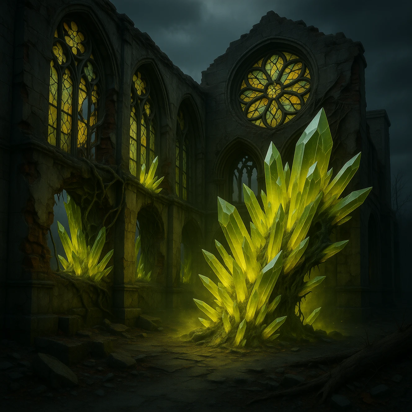 yellow CrystalPl4gu3 ruined cathedral overtaken by jagged crystal growths, stained glass windows dissolving into crystalline veins