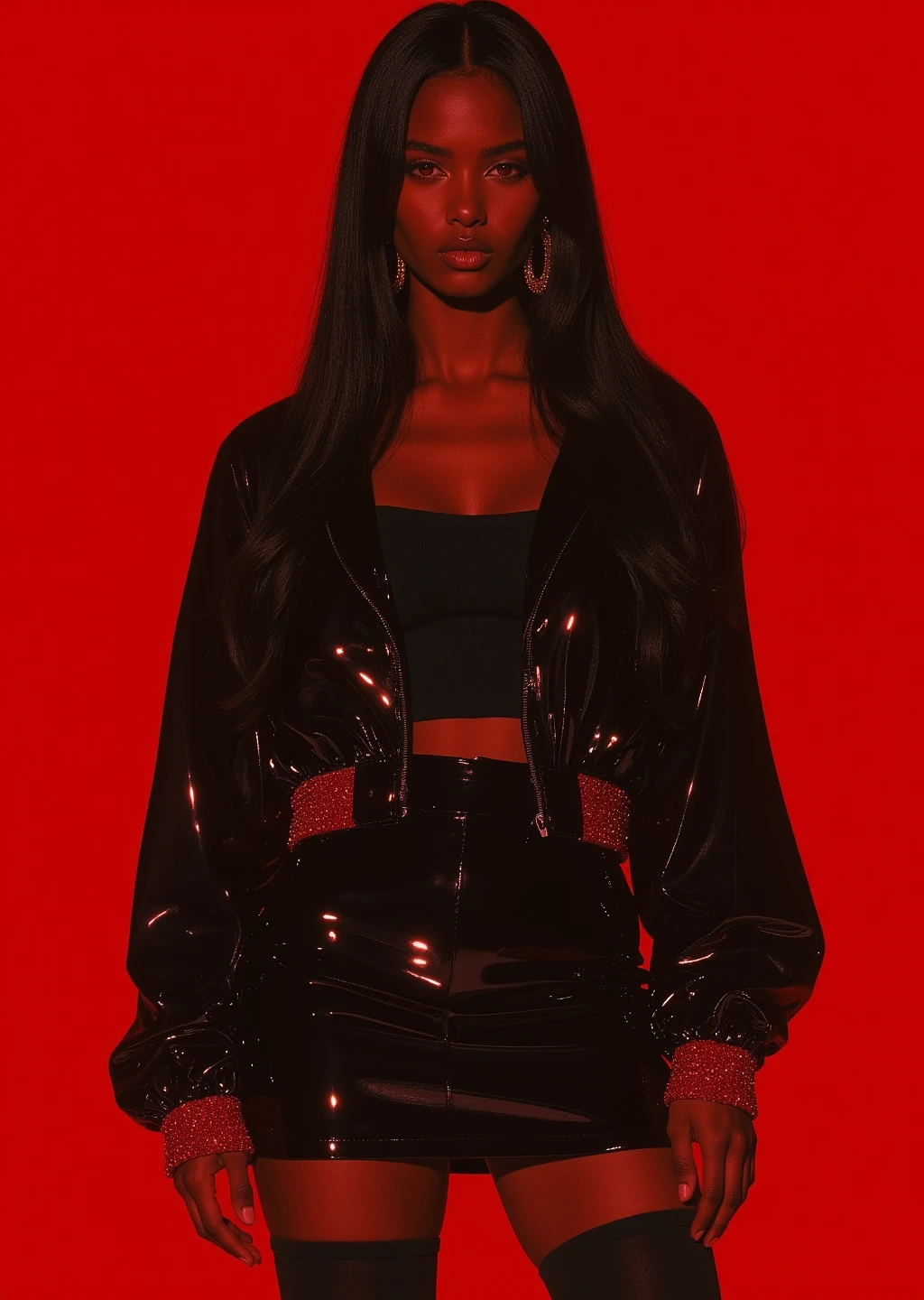 This digital illustration portrays an androgynous, dark-skinned figure with long black hair and vivid red eyes, framed against a bold, vibrant red backdrop. They wear a loose black jacket lined in red, paired with a black crop top and a short black skirt that exposes part of their upper thigh. Black thigh-high stockings complete the look. Their expression is confident and detached, accentuated by large gold hoop earrings. Glossy highlights trace through their hair and fabric, bringing out texture and depth. The style leans into a moody atmosphere, emphasizing stark contrast and rich shadow throughout the composition.