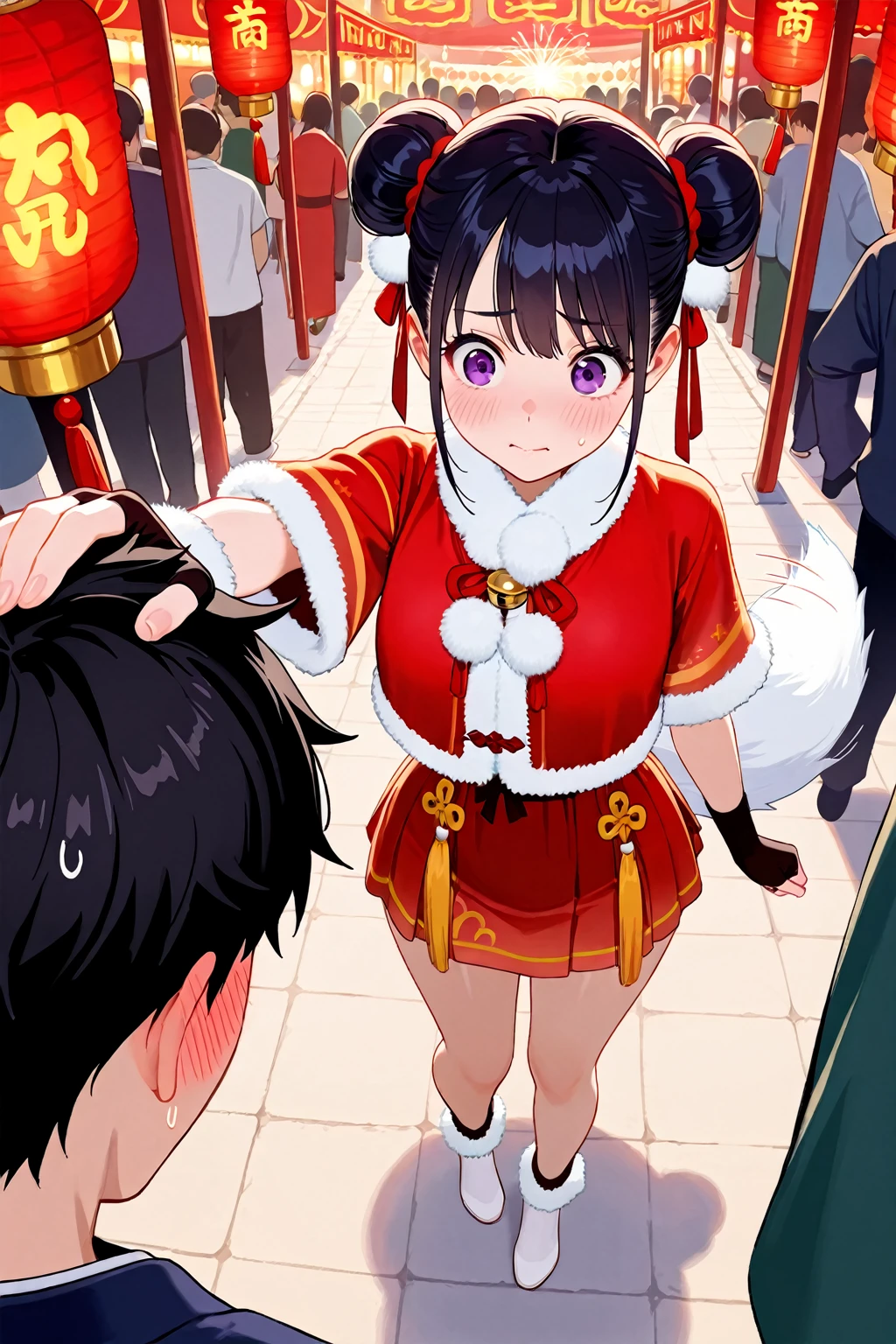 <lora:æ°¸å«æ é´è¡æ¡æ¥æ¡ç¬SDXL:0.7>,1girl,solo,fur trim,full body,white footwear,no_hat,(skirt:1.3),(red skirt:1.3),animal hood,bell,black hair,chinese clothes,capelet,double bun,fingerless gloves,fox tail,white tail,pom pom (clothes),purple eyes,
Chinese ancient New Year night market,red lanterns,(Hanfu crowds:1.3),crowd,vendors,firework sparks,festive couplets,standing,curvy,oval face,makeup,fundoshi,long_eyelashes,cowboy_shot,from_above,foreshortening,flustered,tail_wagging,shy,side head,looking_to_the_side,
boy,male perspective,touch the girl's head,, (masterpiece:1.2),best quality,masterpiece,highres,original,extremely detailed wallpaper,perfect lighting,(extremely detailed CG:1.2),