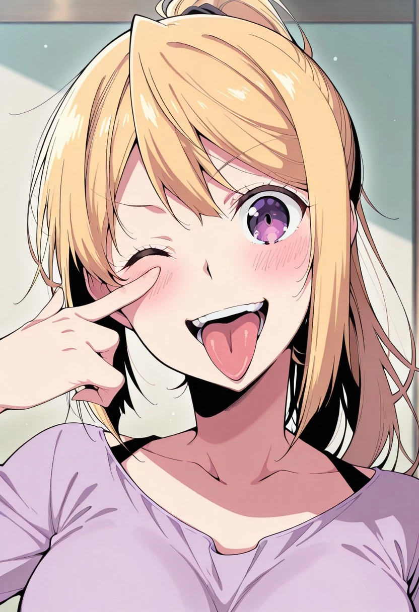 Masterpiece, top quality, amazing quality, Score_9, Score_8_up, Score_7_up, core_9, Score_8_up, Score_7_up, 1 mature female, alone, , Alone, Original anime,1 girl, long hair, blonde hair, medium breast, ponytail (purple eyes: 1.1),
<lora:airashiratori-akanbe-illustriousxl-lora-nochekaiser:1>, airashiratori akanbe, solo, looking at viewer, blush, smile, open mouth, upper body, teeth, one eye closed, tongue, tongue out, portrait, eyelid pull, hand up, straight-on, akanbe, finger to eye,, , ,