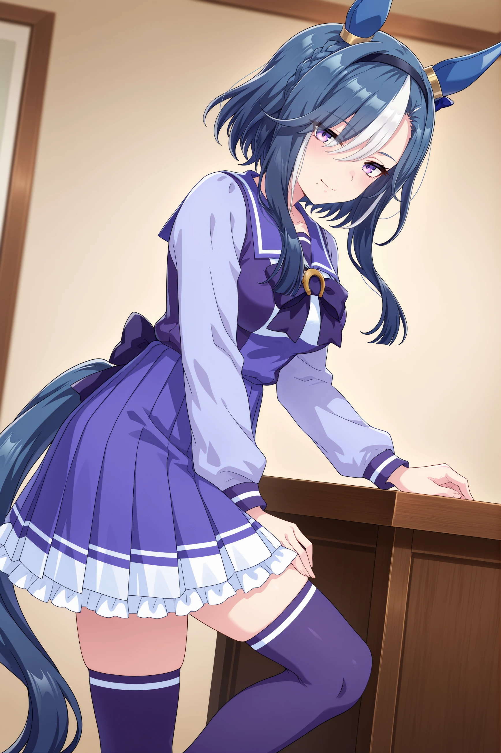 1girl, admire groove \(umamusume\), umamusume, animal ears, horse ears, horse girl, solo,
blue hair, purple eyes, multicolored hair, crown braid, ear covers, ear bow, medium breasts, white hair, two-tone hair, streaked hair, ear ornament, black hairband, medium hair, mole under mouth, blue bow, short hair with long locks, eyes visible through hair, hair over one eye,
<lora:admiregroove_Illust_v1:0.6>
tracen school uniform, long sleeves, purple skirt, winter uniform, purple thighhighs,
from side, feet out of frame, looking down, seductive smile, closed mouth,encampment,
(masterpiece, best quality, newest, highres), (anime coloring:1.5), (anime screenshot:1.5)