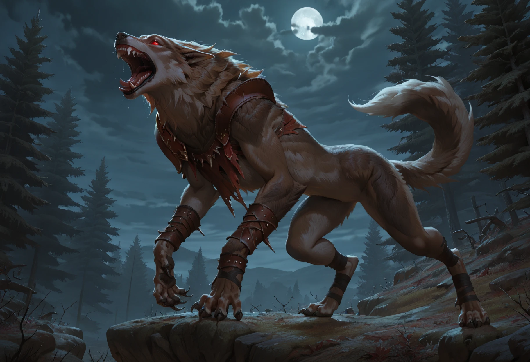 masterpiece, best quality, perfect quality, absurdres, newest, very aesthetic, very awa, ArlinMTG, 1girl, werewolf, solo, reddish-brown fur, leather pauldron, claws, tattered clothing, leather bracers, two-tone fur, glowing eyes, red eyes, tail, sharp teeth, howling, wolves in background <lora:Arlin_Kord_-_Werewolf_Form_Magic_the_Gathering:.9>  <lora:NOOB_vp1_detailer_by_volnovik_v1:1>