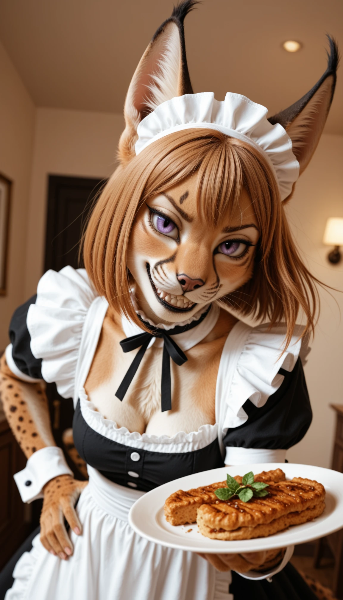 masterpiece, best quality, amazing quality, very aesthetic, 4k, high resolution, ultra-detailed, absurdres, realistic, photo, scenery, raw lights, 1girl, furry, anthro, feline, solo, cat girl, caracal cat, brown hair, bob cut, hair flaps, wavy hair, purple eyes, tsurime, smirk, smug, grin, sharp teeth, v-shaped eyebrows, doyagao, french maid, maid headwear, wrist cuffs, holding plate with delicious food on, hand on hip, looking at viewer, dutch angle, from below, upper body, face focus, long ears, twisty pose, floating hair, leaning forward, twisted torso, hip tilt, head tilt, BREAK, eyes, detailed eyes, detailed hair, depth of field, detailed fluffy fur, photorealistic details