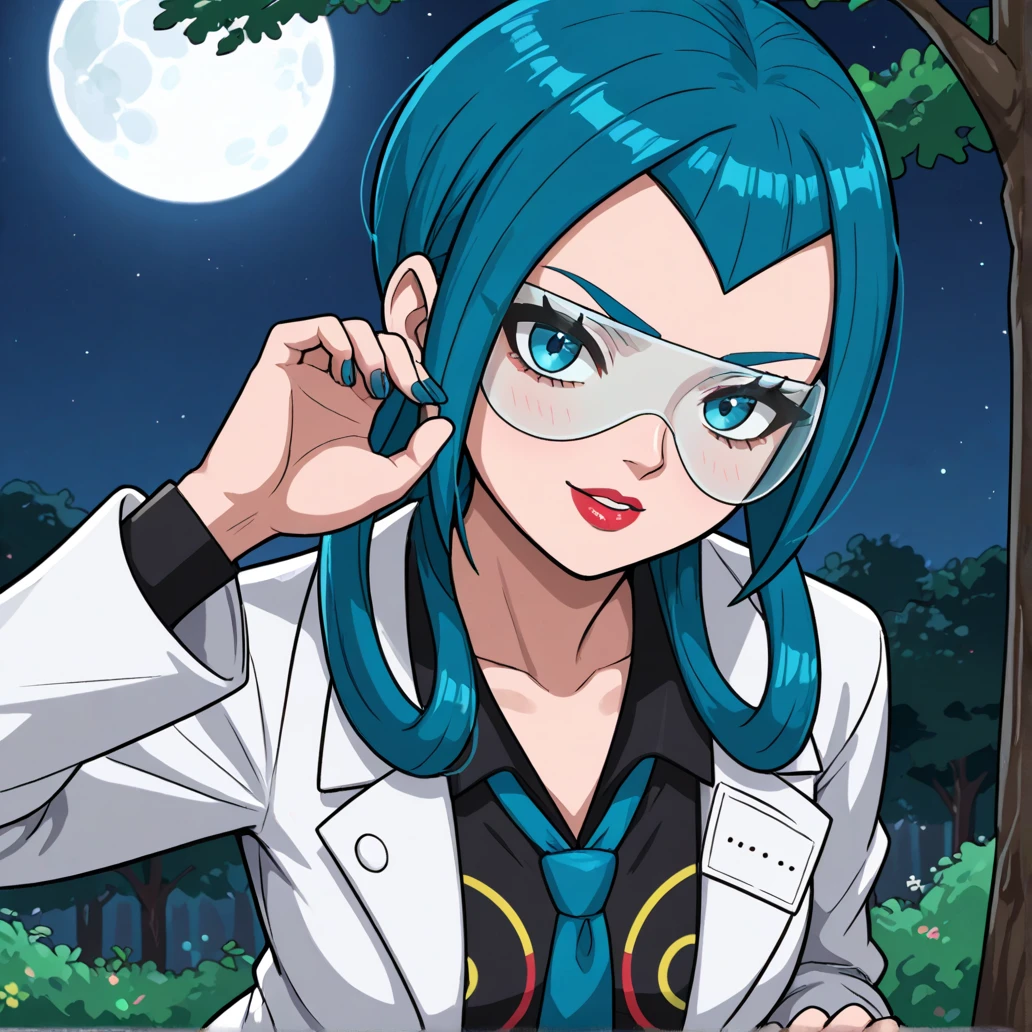 2d, masterpiece, best quality, amazing quality, highres, absurdres, newest, 1girl, solo, standing, leaning forward, upper body, close-up, looking at viewer,  from front, woods, night, moon, bare tree, colorful, zamable, mable \(pokemon\), blue hair, bangs, hair rings, blue eyes, red lips, blue nails, safety glasses, collarbone, collared dress, black dress, blue necktie, labcoat, long sleeves, black pantyhose, black belt, score_9, score_8_up,score_7_up,source_anime, score_9, score_8_up,score_7_up,source_anime