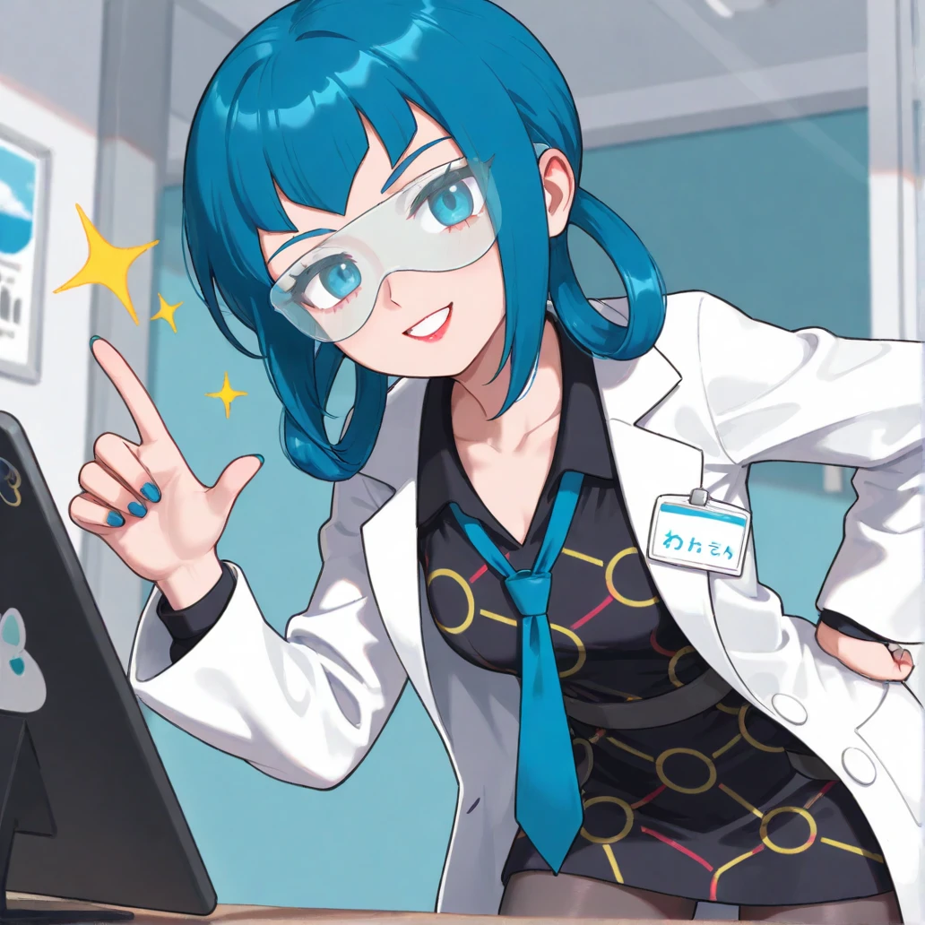 [[hinosaki, leveen]], 2d, masterpiece, best quality, amazing quality, 1girl, solo, close-up, standing, smile, upper body, leaning_forward, looking at viewer, multicolored background, sparkle, rainbow background, colorful background, masterpiece, best quality, amazing quality, highres, absurdres, newest, zamable, mable \(pokemon\), blue hair, bangs, hair rings, blue eyes, red lips, blue nails, safety glasses, collarbone, collared dress, black dress, blue necktie, labcoat, long sleeves, black pantyhose, black belt, tablet pc, floating tablet pc