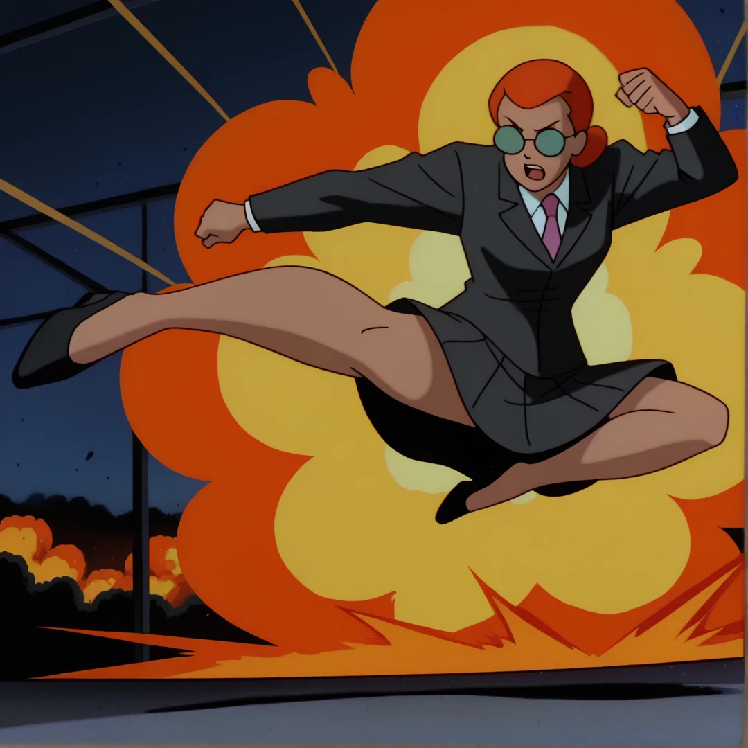<lora:batman_pony_v1:0.7>, cartoon, flat colors, <lora:Batman_TAS_-_Mariam:0.8>, m4ri4m,
1girl, solo,
action background, speedlines, explosion background,
orange hair, short hair,
glasses, V-shaped eyebrows,
midair, kick, perspective, ((((incoming kick))), fire kick,
full body,
tie, skirt, suit,