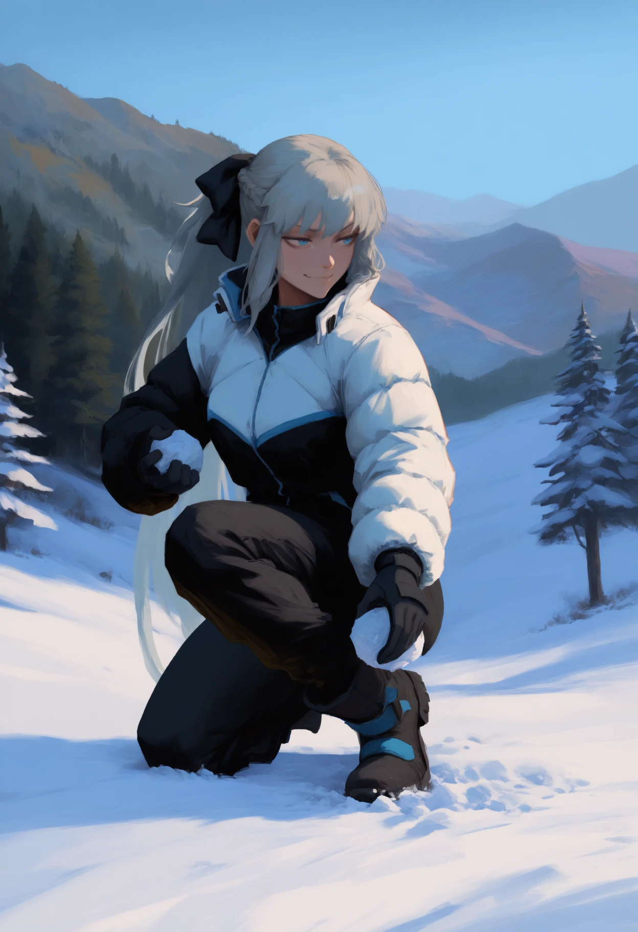 newest, painterly, full body, solo, 1girl, smirk, looking away, on one knee, holding snowball, long hair, grey hair, sidelocks, french braid, ponytail, hair bow, black bow, blue eyes, multicolored jacket, white jacket, black jacket, down jacket, puffy long sleeves, black gloves, black pants, boots, outdoors, blue sky, nature, snow, tree, mountainous horizon
<segment:yolo-Anzhc Face seg 640 v3 y11n.pt,0.5,0.5//cid=11>