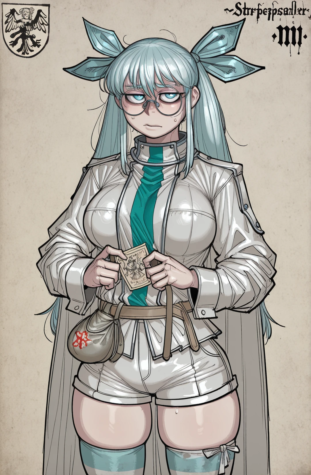 1girl,  <lora:Olmine_Illustrious:1> olmine, glasses, stripped thighhighs, white shorts, ribbons  <lora:Hofämterspiel_style:1> Hofämterspiel, medieval style,, masterpiece, best quality, newest, absurdres, highres, new, krekkov, yoneyama mai