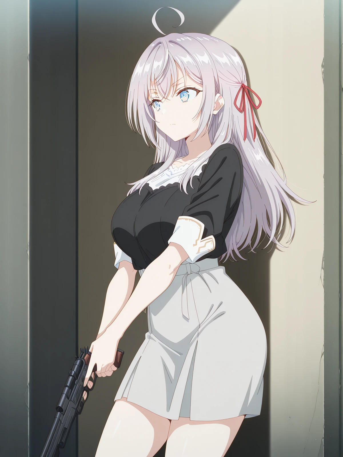 masterpiece, best quality, amazing quality,, <lora:alisa-mikhailovna-kujou-s1-illustriousxl-lora-nochekaiser:1>, alisa mikhailovna kujou, long hair, bangs, blue eyes, hair ribbon, ahoge, grey hair, red ribbon, mature female, large breasts, anime screencap, <lora:holding-gun-against-wall-illustriousxl-lora-nochekaiser:1>, holding gun against wall, solo, holding, closed mouth, standing, holding weapon, gun, holding gun, against wall, looking to the side, wall, cowboy shot,, , ,