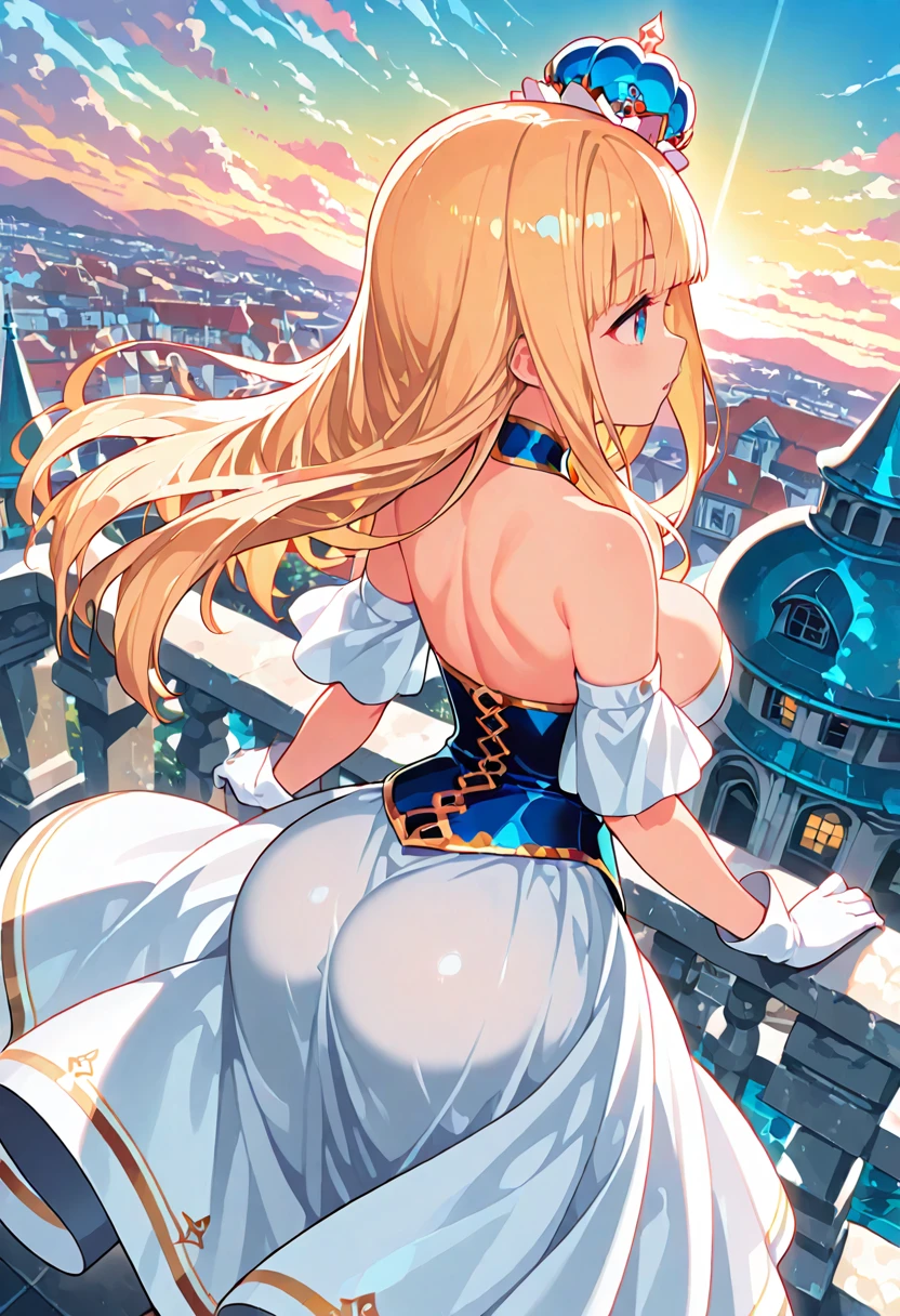 1girl, lulunasaika, blonde hair, long hair, blunt bangs, blue princess_mini_crown, blue eyes, large , collarbone, white_strapless_dress, , blue underbust, detached sleeves, white gloves, on balcony, sky, clouds, wind, floating hair, looking away, lean forward, dutch angle, perspective, scenary, highres,  masterpiece, best quality, amazing quality, very awa, very aesthetic, , <lora:Illust\edit\new\Lulunasaika_v3.safetensors:1.0:1.0>
