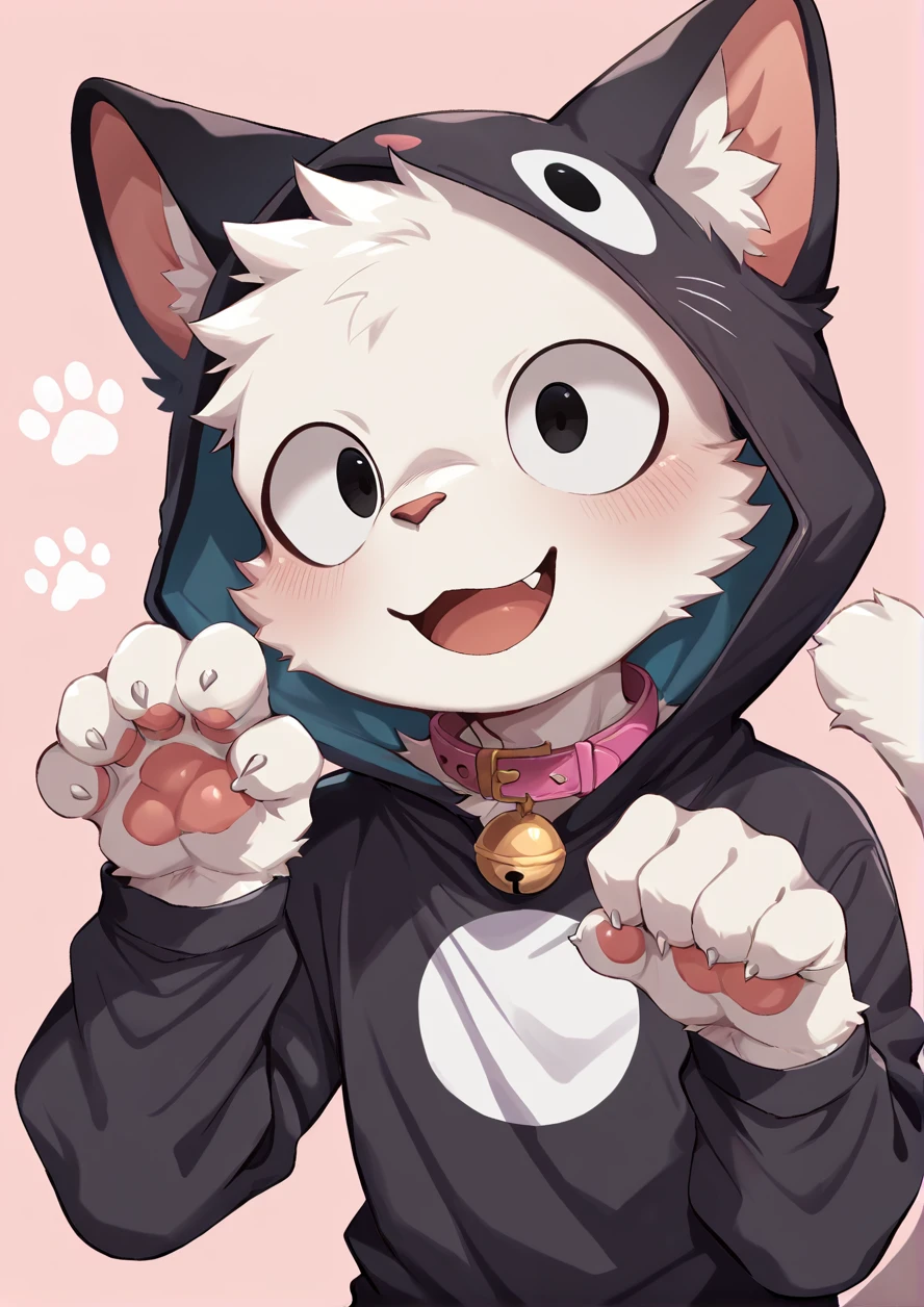 masterpiece,best quality,high quality,highly detailed,intricate,8k,absurdres,1boy,solo,furry boy,round eyes,sanpaku,furry,white fur cat,black cat costume,cat ears,white cat tails,cat collar,pink background,simple background,cat pose,cute smile,fang,blush,,<lora:ããããwaryusya_IL6:1.3>