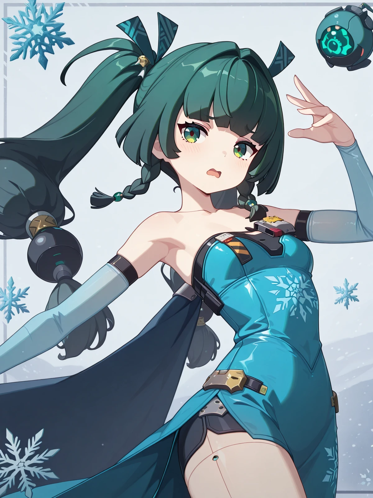 masterpiece, best quality, amazing quality,, <lora:zzz-qingyi-ingame-illustriousxl-lora-nochekaiser:1>, qingyi, qingyi (zenless zone zero), android, green eyes, green hair, long hair, twintails, very long hair, sphere hair ornament, mature female, small breasts, 3d, <lora:elsa-frozen-cosplay-illustriousxl-lora-nochekaiser:1>, elsa frozen cosplay, elsa (frozen) (cosplay), solo, dress, bare shoulders, off shoulder, blue dress, snowflakes, snowflake print, strapless, strapless dress, cape, <lora:dynamic-pose-illustriousxl-lora-nochekaiser:1>, dynamic pose, midair, cowboy shot, embarrassed, open mouth, , ,
