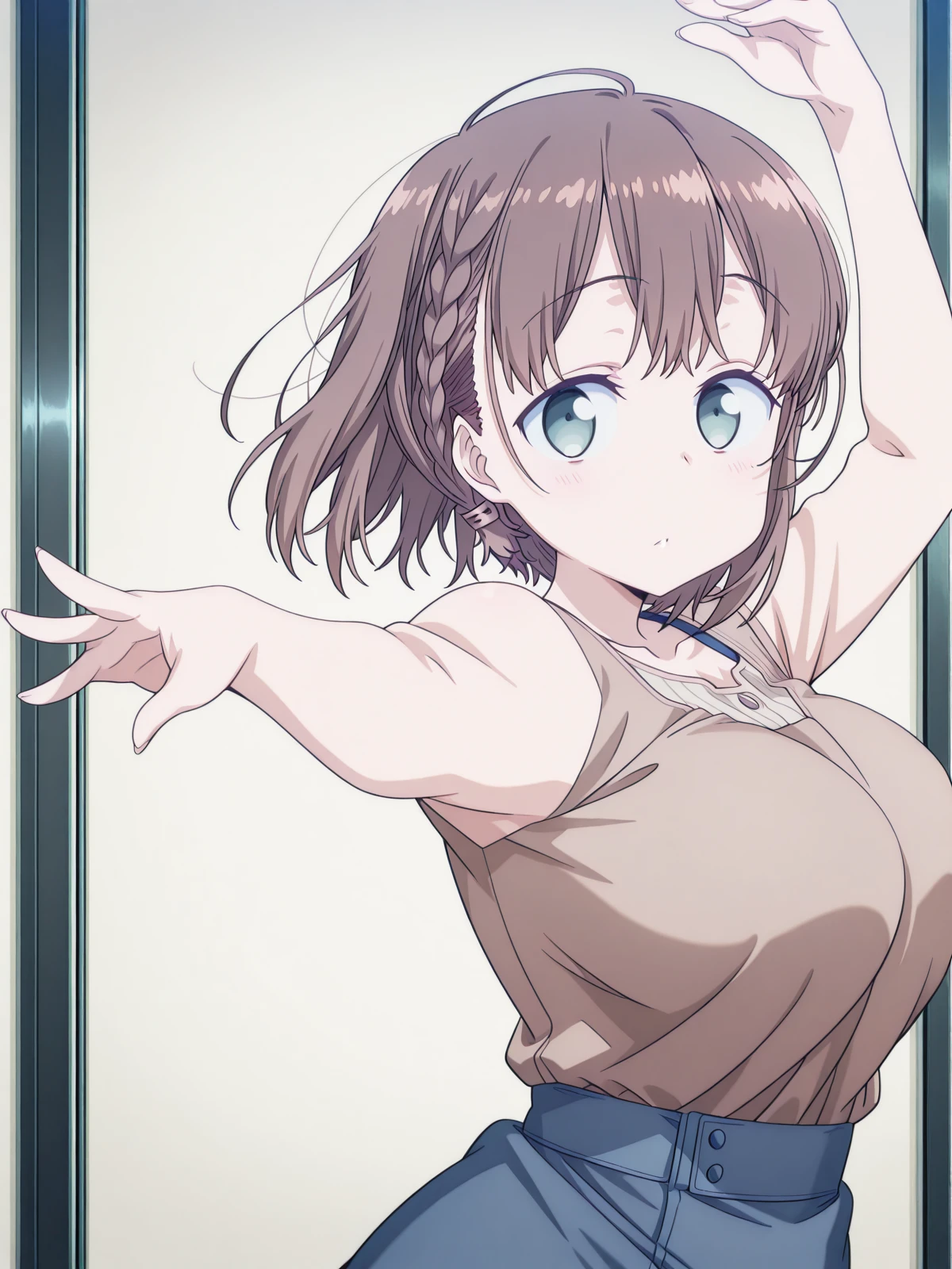 masterpiece, best quality, amazing quality,, <lora:tawawa-ai-s1-illustriousxl-lora-nochekaiser:1>, ai, ai-chan (tawawa), short hair, brown hair, green eyes, braid, side braid, mature female, large breasts, anime screencap,, <lora:elsa-pose-illustriousxl-lora-nochekaiser:1>, elsa pose, solo, looking at viewer, arm up, hand up,, , ,