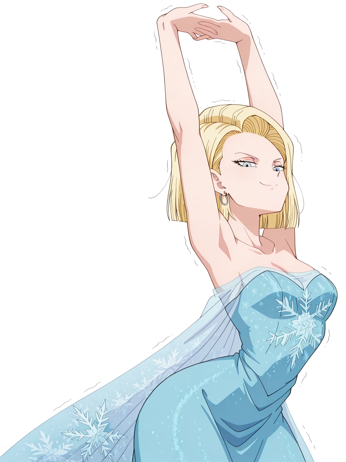 masterpiece, best quality, amazing quality,, <lora:android-18-anime-illustriousxl-lora-nochekaiser:1>, android 18, blonde hair, blue eyes, eyelashes, hoop earrings, short hair, earrings, mature female, medium breasts, anime screencap, <lora:elsa-frozen-cosplay-illustriousxl-lora-nochekaiser:1>, elsa frozen cosplay, elsa (frozen) (cosplay), solo, dress, bare shoulders, off shoulder, blue dress, snowflakes, snowflake print, strapless, strapless dress, cape, <lora:cammy-stretch-illustriousxl-lora-nochekaiser:1>, cammy stretch, cammy stretch (meme), stretching, arms up, arched back, cowboy shot, trembling, closed eyes,, smug,smirk,half_closed_eyes, , <lora:transparent-background-illustriousxl-lora-nochekaiser:1>, transparent background, simple background, white background, ,