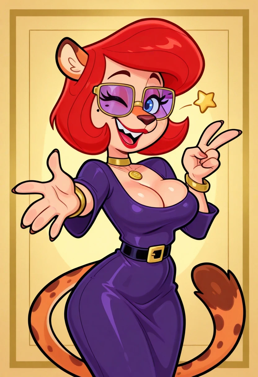 amazing quality, highres, masterpiece, best quality, 1girl, solo, 2D, flat, 

CountingCougar, Slender physique, shapely figure, Anthropomorphic cougar, feline, black snout, prominent nose, Voluminous red auburn shoulder-length bob hair, Blue eyes, rectangular purple-tinted glasses, mole, beauty mark, prominent eyelashes, wide smile, red lips, gold choker necklace, short Form-fitting long-sleeved purple belted dress, tail, cleavage, gold bracelets, black belt with gold square buckle, smile, pointy teeth,

incoming hug, looking at viewer, reaching, reacing towards viewer, outstretched arms, smile, blush, cowboy shot,
