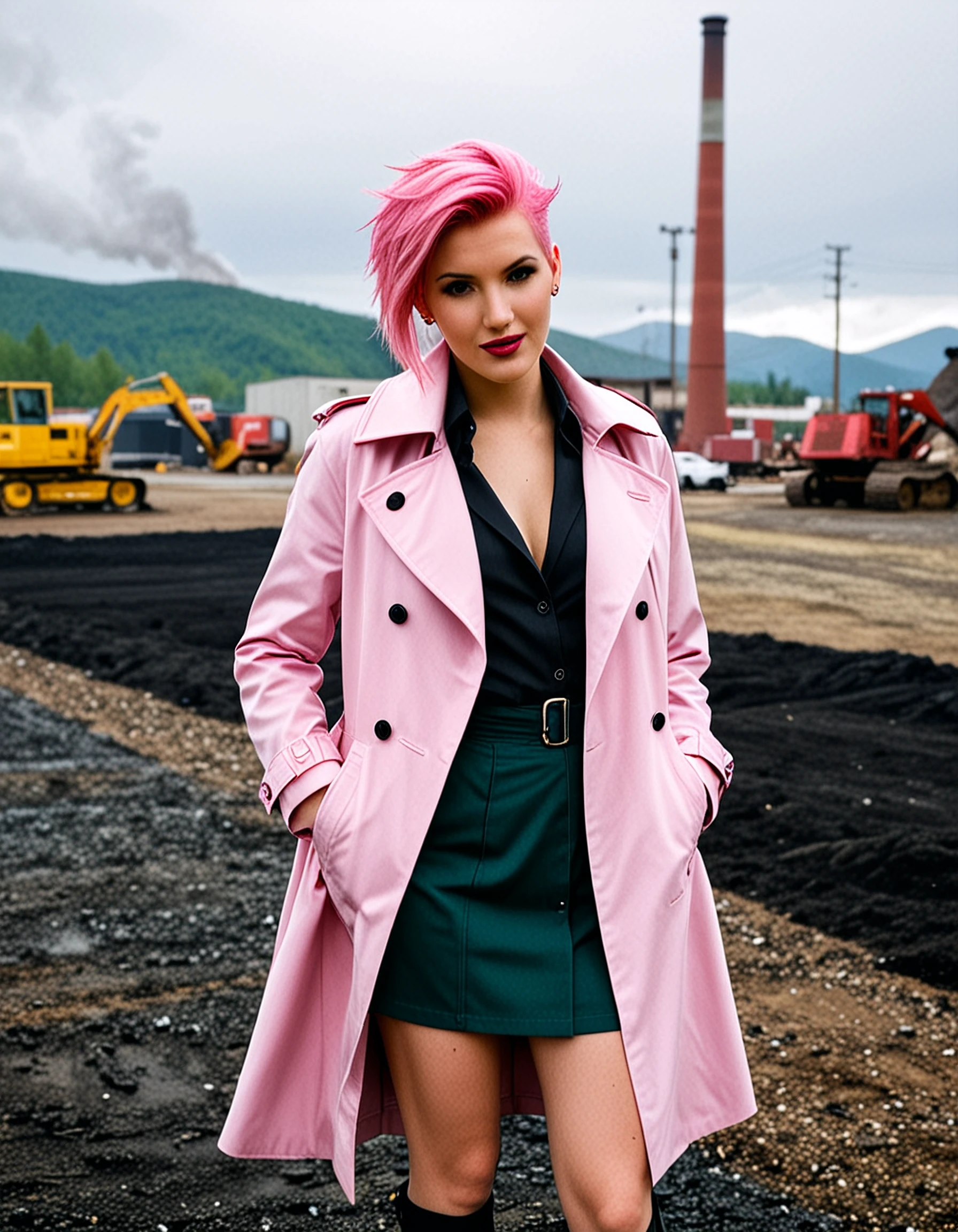 brmadison, undercut haircut, RAW photography, hands in pockets, face focus, playful,(cleavage), trench coat, pink kilt, parted lips, factory, smoke stack, dumpster, pond, overcast, mountains, dirt lot, (slender:1.8), dayglo pink hair,