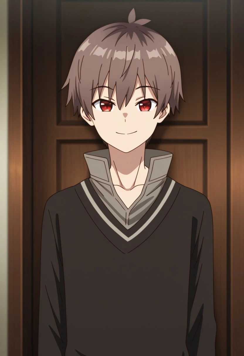 masterpiece,best quality,amazing quality, source_anime, 
areprt, 1boy, male focus, solo, red eye, brown hair, collarbone, brown shirt, high collar, brown sweater, long sleeves,  smile,