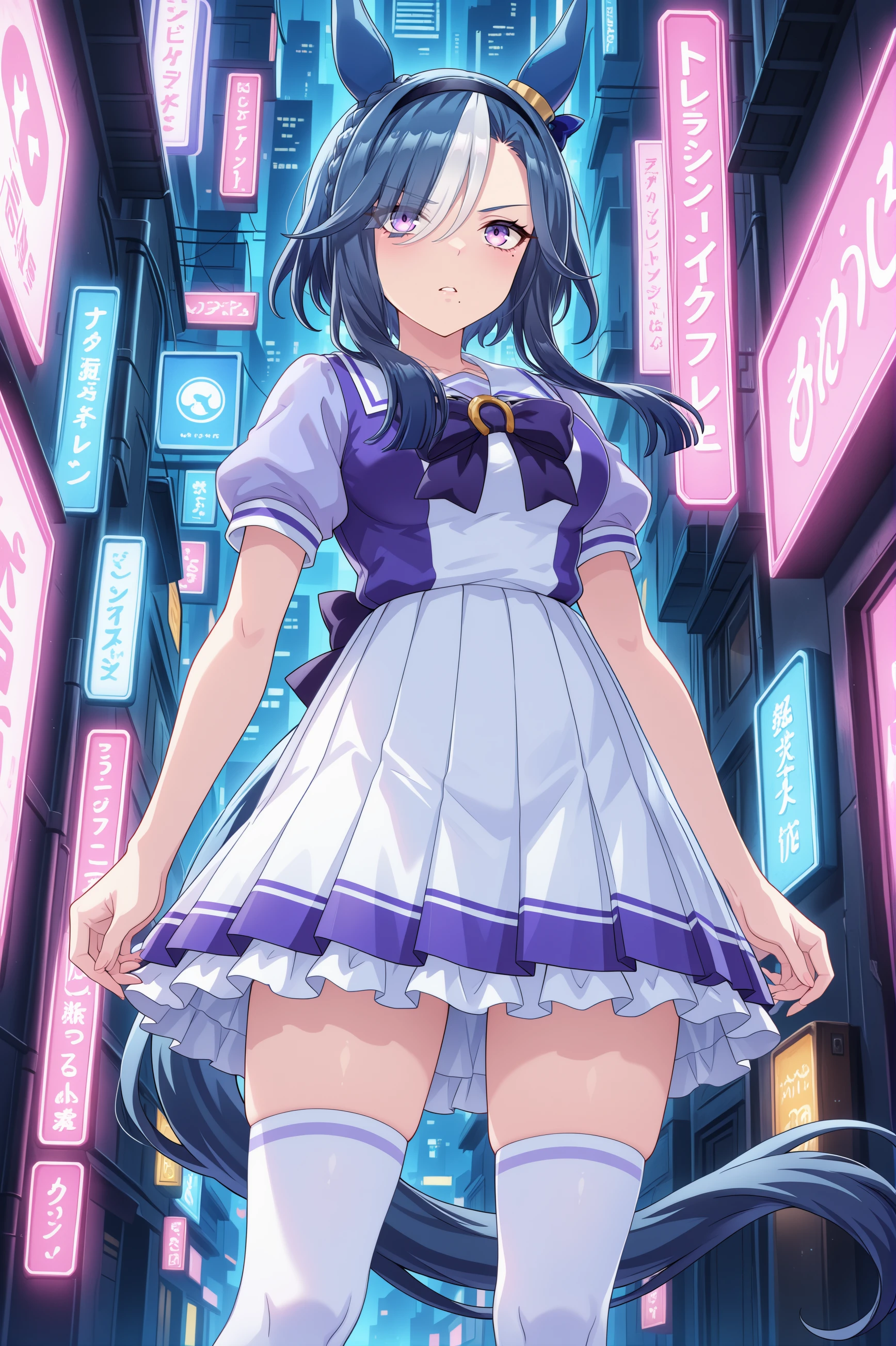 1girl, admire groove \(umamusume\), umamusume, animal ears, horse ears, horse girl, solo,
blue hair, purple eyes, multicolored hair, crown braid, ear covers, ear bow, medium breasts, white hair, two-tone hair, streaked hair, ear ornament, black hairband, medium hair, mole under mouth, blue bow, short hair with long locks, eyes visible through hair, hair over one eye,
<lora:admiregroove_Illust_v1:0.6>
tracen school uniform, short sleeves, white thighhighs, white skirt, summer uniform,
from below, wide shot, looking up, annoyed, parted lips,in cyberpunk city,
(masterpiece, best quality, newest, highres), (anime coloring:1.5), (anime screenshot:1.5)