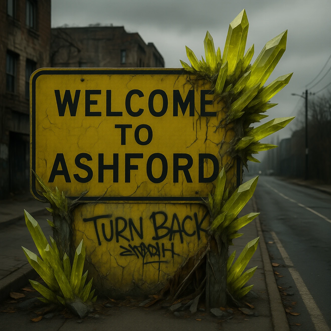 acidic yellow CrystalPl4gu3 erupting city limits road sign “Welcome to Ashford” overtaken by jagged crystal spines, graffiti scrawled “Turn Back” barely visible