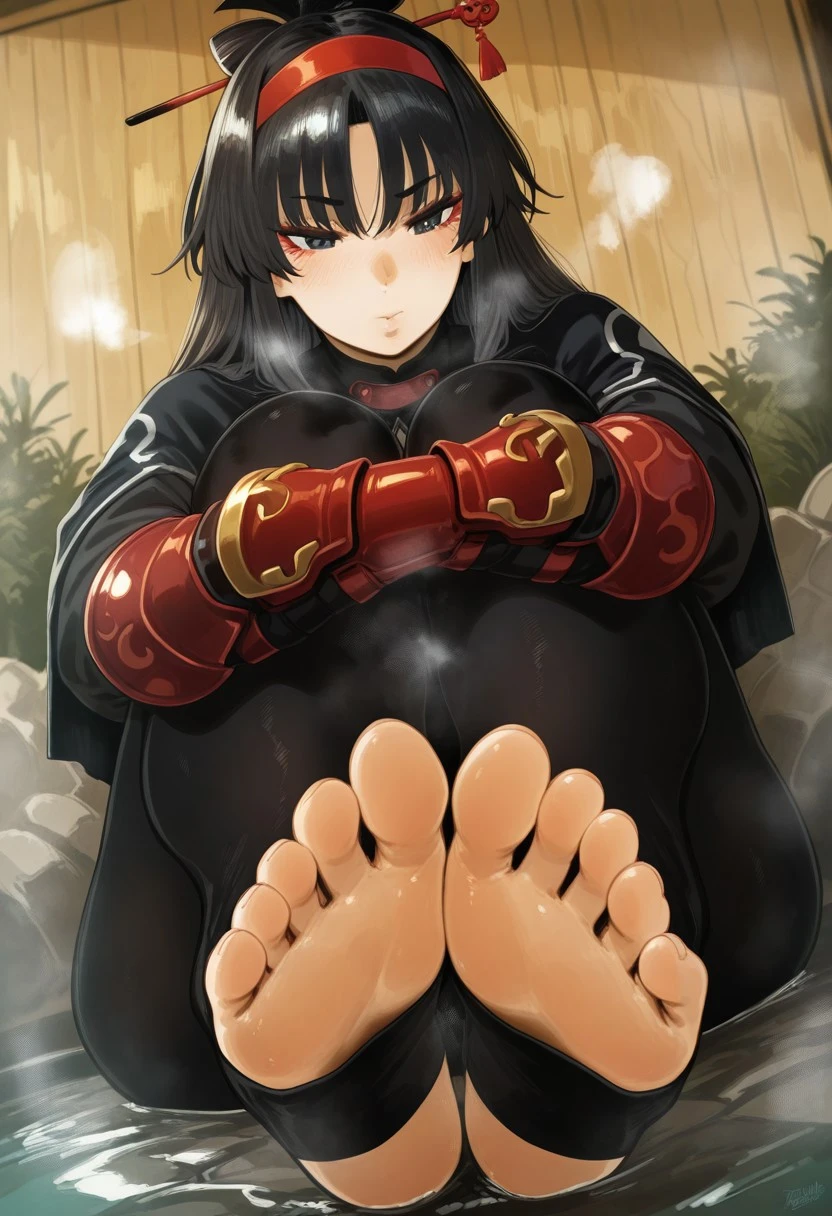 neisanILL, masterpiece, best quality, newest, absurdres, highres, undershirt, black bodysuit, hair stick, hugging knees, gauntlets, eyeshadow, red gloves, two sides up, black capelet, red hairband, black eyes, 1girl, solo, feet, visible breath, dynamic angle, foreshortening, smell, steam, onsen, water, toeless legwear,