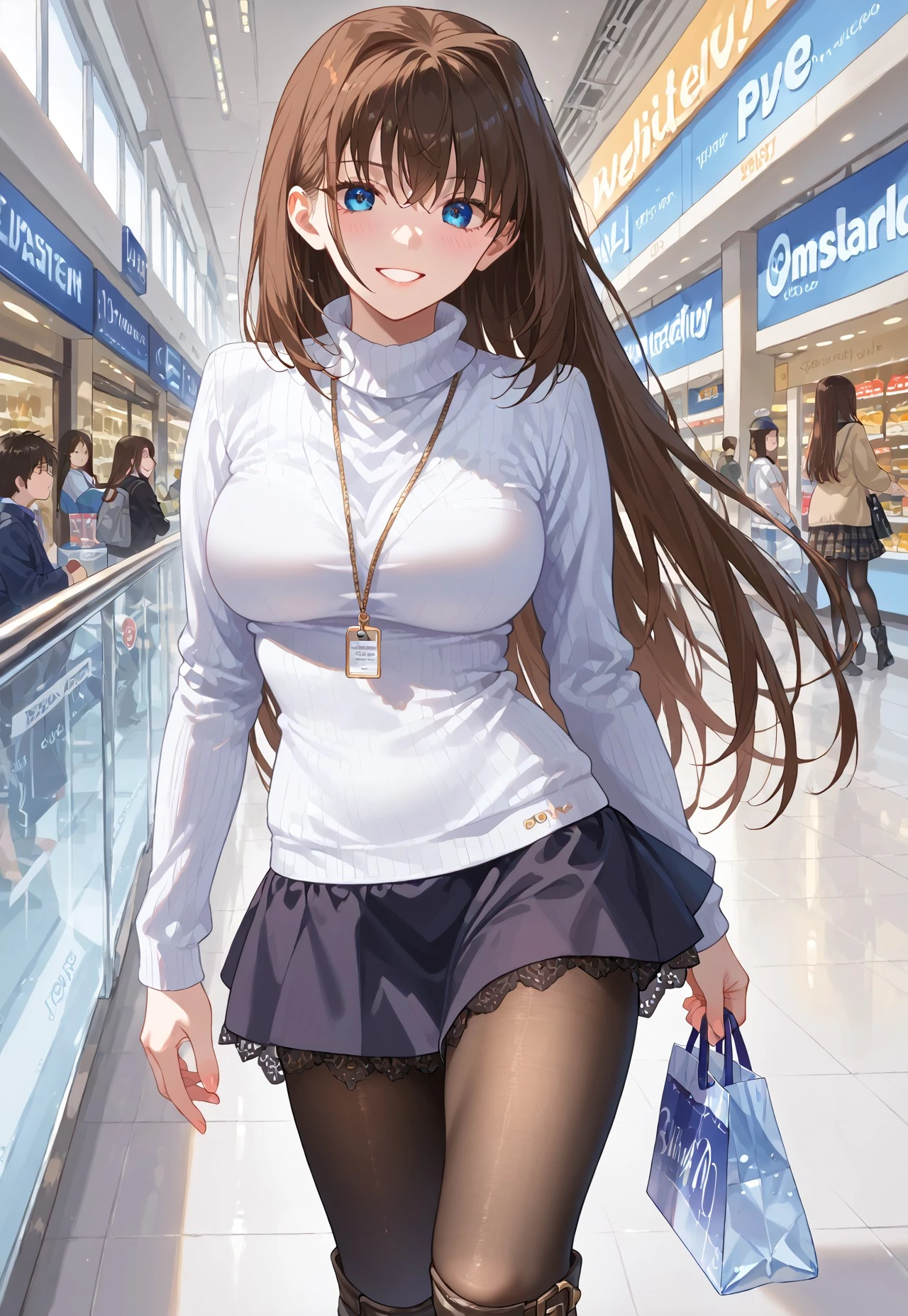 score_9, score_8_up, score_7_up,source_anime,, Expressiveh, zPDXL3, sinfully stylish, dramatic lighting, soft light, long shadows, ultra-detailed, masterpiece, very aesthetic, absurdres, perfect quality, absolutely eye-catching, best quality, intricate details, high-res, 1girl, solo ,blue eyes, brown hair, hair intakes, long hair, large breasts , lace up boots, pantyhose, sweater, skirt, hip sway, hand on hips, sexy smile, shopping mall background