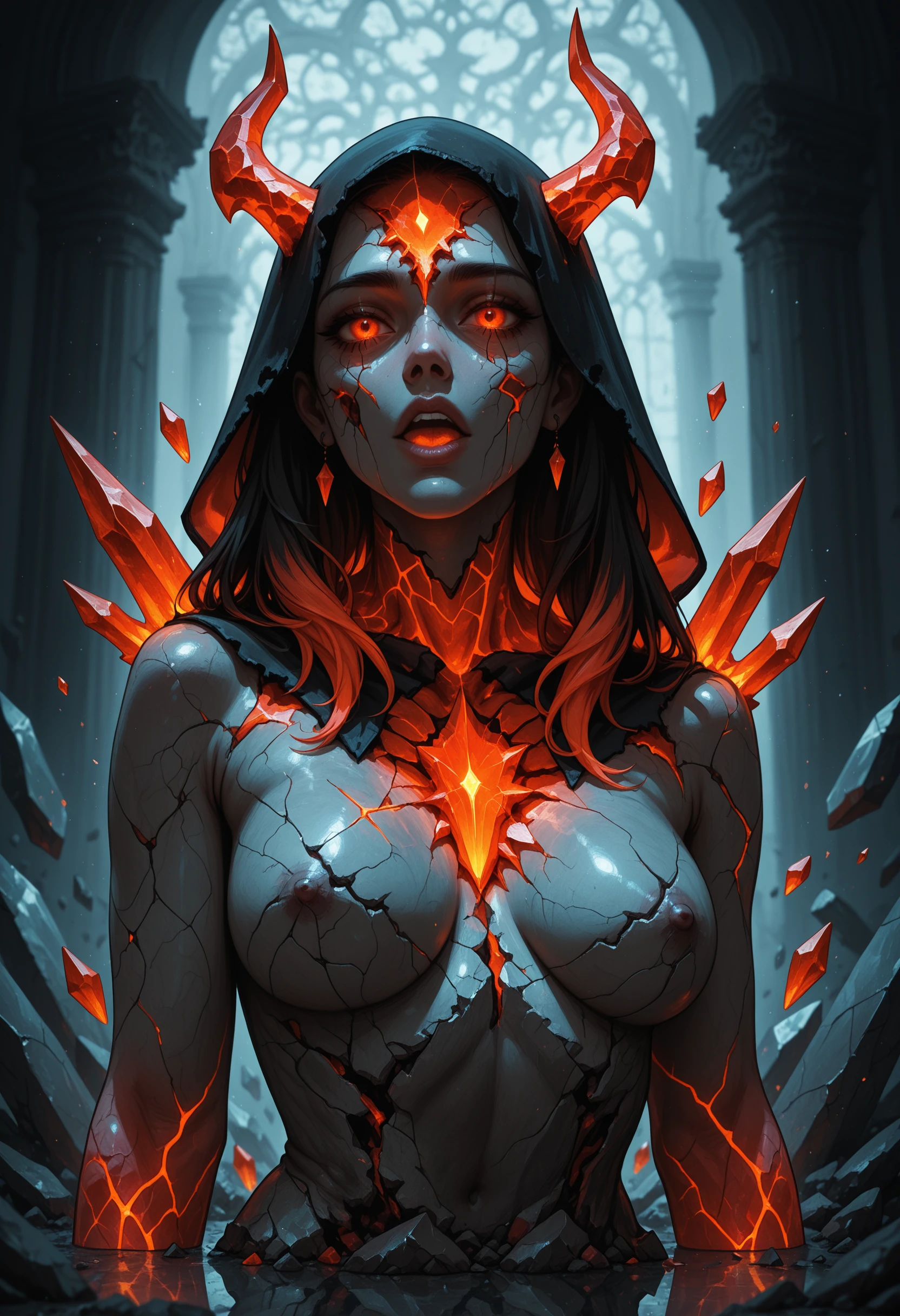 CrystalPl4gu3 cracked statue face half-human half-crystal, glowing fractures like magma veins, reflective glass shards