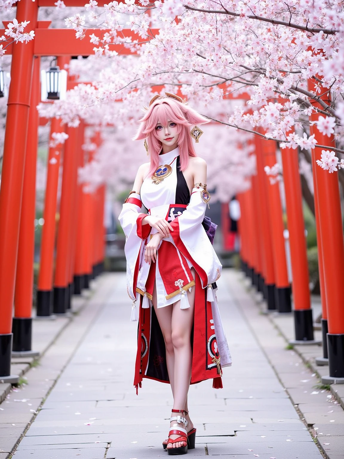 A realistic photo of a slender beautiful young woman in cyb-yaemiko cosplay costum. She is also wearing sandals. She has pink hair with fox ears and hair ornament.
The scene is A tranquil Shinto shrine surrounded by blooming cherry blossom trees, crimson torii gates lining the stone pathway, paper lanterns swaying in the gentle breeze, with soft petals drifting across the courtyard, a mystical atmosphere filled with divine energy.
The photo is a full body shot with her entire body visible and with intricate details scene.