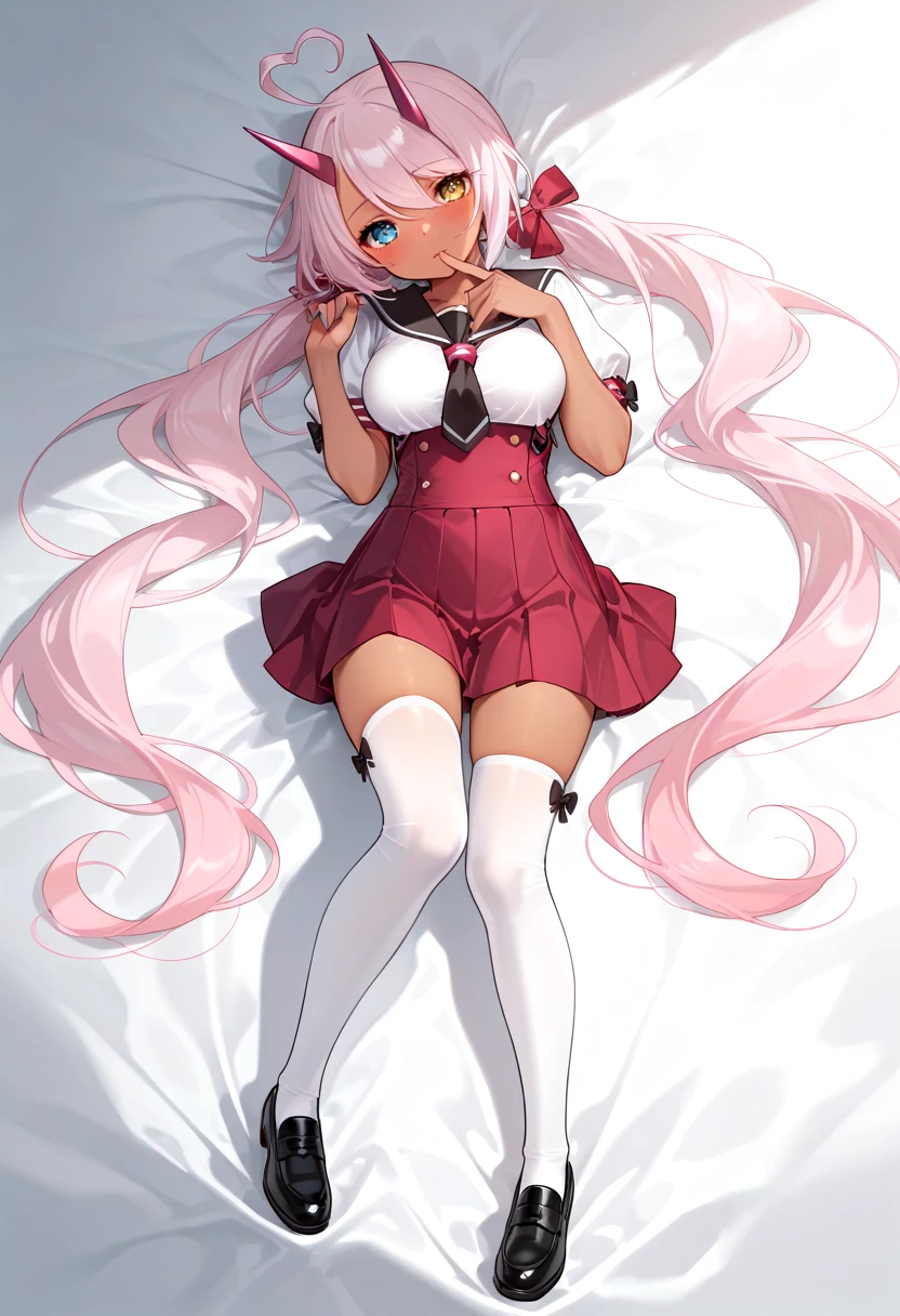 masterpiece, best quality, anime,  BREAK 1girl, solo,large breasts,   on back,  looking at viewer,uwu,full body, head tilt,  wide shot,  finger to mouth, <lora:Tyber_Indianpolis_AL_NAI:1>  indischool, blue eyes, yellow eyes, very long hair, light pink hair, heart ahoge, side ponytails, low twintails, red hair bow, heterochromia, oni horns,dark skin, dark-skinned female, medium breasts, underbust, black sailor collar, puffy short sleeves, black bow, white shirt, school uniform, pleated skirt, suspender skirt, high-waist skirt, red skirt, zettai ryouiki, white thighhighs, black loafers,