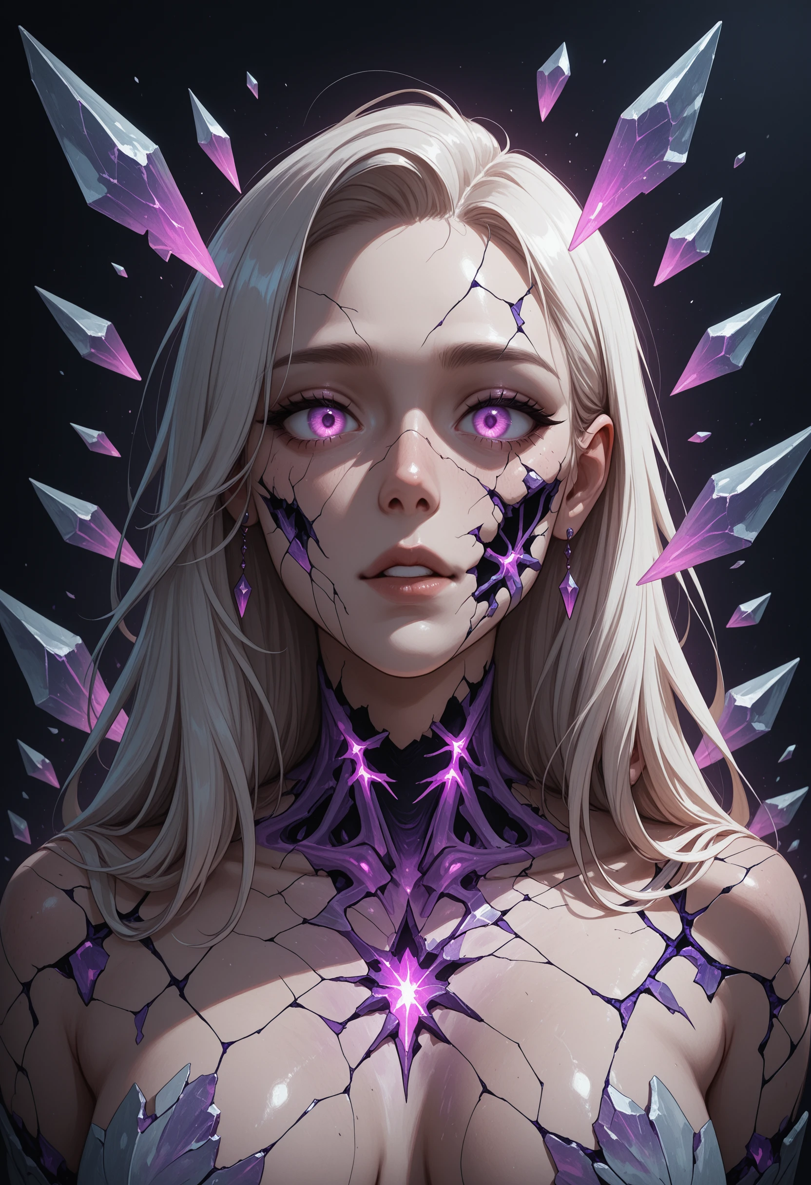 CrystalPl4gu3 portrait of a woman with shards spreading across her cheek, glowing fractures in skin, glass-bone reflection
