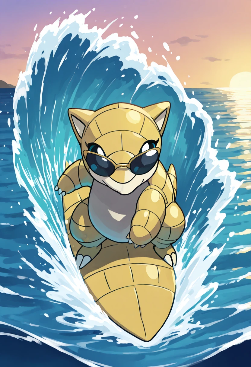 masterpiece, best quality, solo, zzSandshrew, , <lora:SandshrewPokedex_IXL:1.0>, , solo, smile, surfing, ocean, sunglasses,