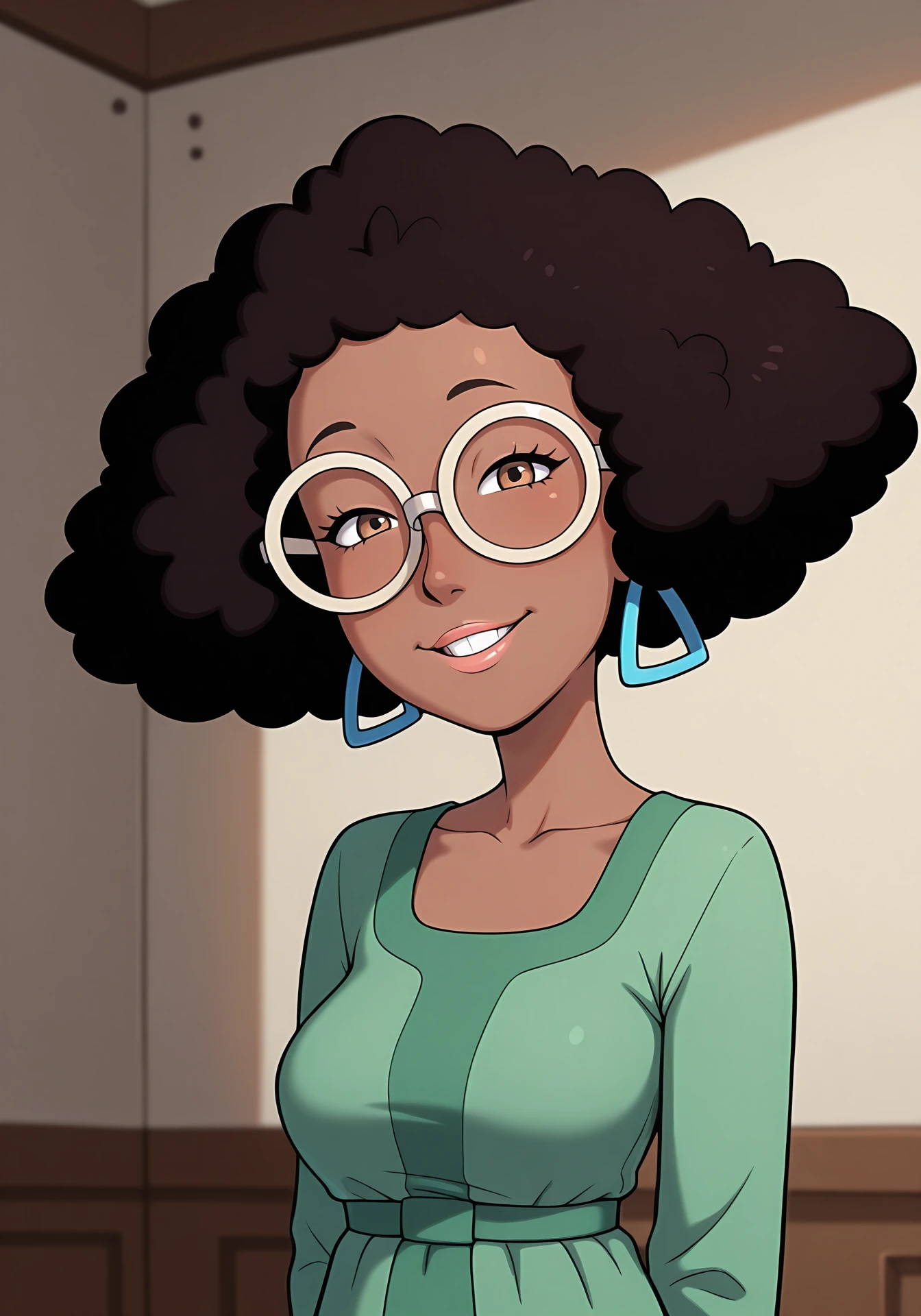absurdres, 8k, high resolution, masterpiece, best quality, absolutely fantastic art, amazing quality, very aesthetic, <lora:msgrotke:.8>, msgrotke, 1girl, solo, upper body, dark skinned female, afro, glasses, smile, green dress