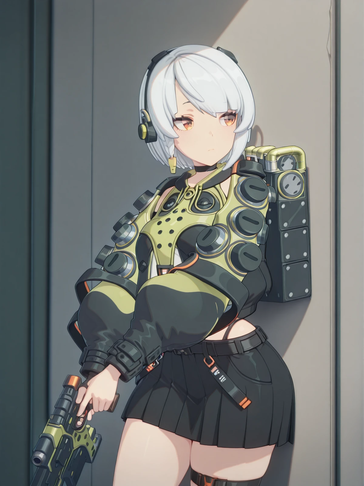 masterpiece, best quality, amazing quality,, <lora:zzz-anby-demara-ingame-illustriousxl-lora-nochekaiser:1>, anby demara, orange eyes, short hair, white hair, mature female, small breasts, 3d, <lora:holding-gun-against-wall-illustriousxl-lora-nochekaiser:1>, holding gun against wall, solo, holding, closed mouth, standing, holding weapon, gun, holding gun, against wall, looking to the side, wall, cowboy shot,, , ,