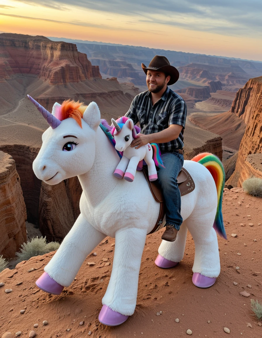 <lora:MIP-Plush_Ride_ill:1> pl1sh, photo of a group of cowboy men riding giant stuffed toy very fluffy colorful rainbow unicorns, grand canyon, sunset,
