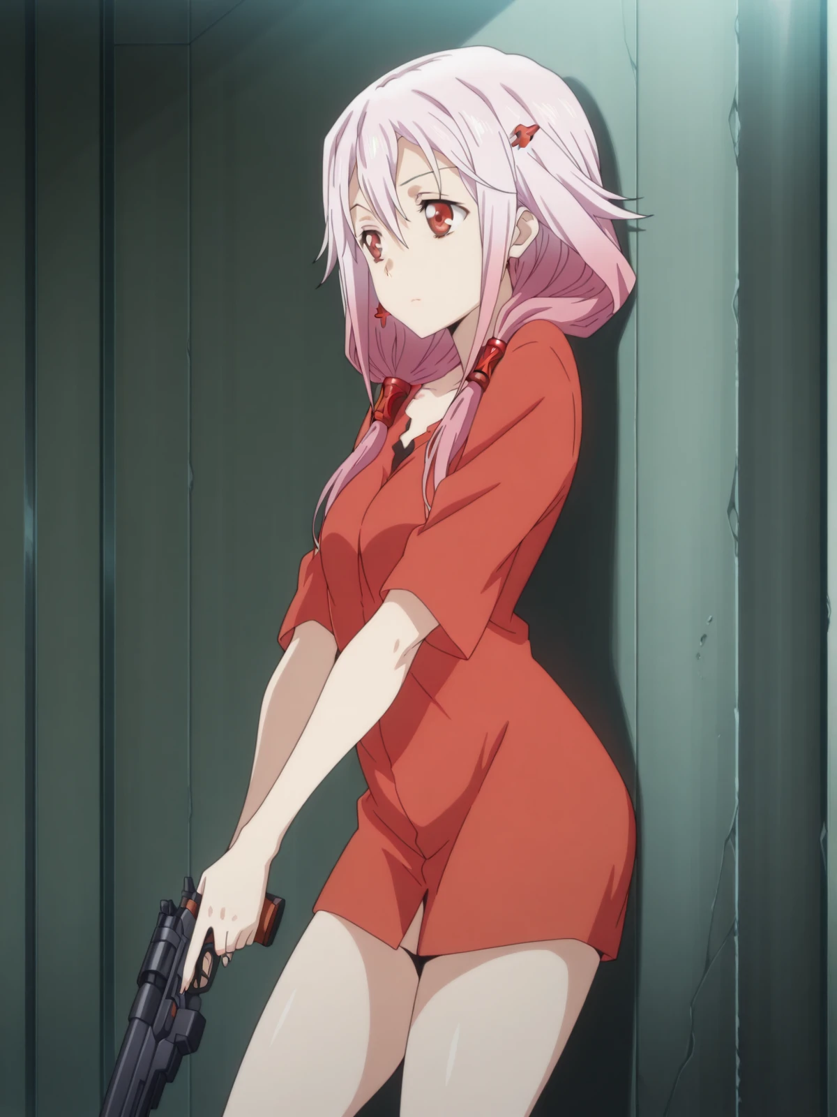 masterpiece, best quality, amazing quality,, <lora:inori-yuzuriha-s1-illustriousxl-lora-nochekaiser:1>, inori yuzuriha, yuzuriha inori, long hair, hair ornament, red eyes, twintails, pink hair, hairclip, mature female, small breasts, anime screencap,, <lora:holding-gun-against-wall-illustriousxl-lora-nochekaiser:1>, holding gun against wall, solo, holding, closed mouth, standing, holding weapon, gun, holding gun, against wall, looking to the side, wall, cowboy shot,, , ,