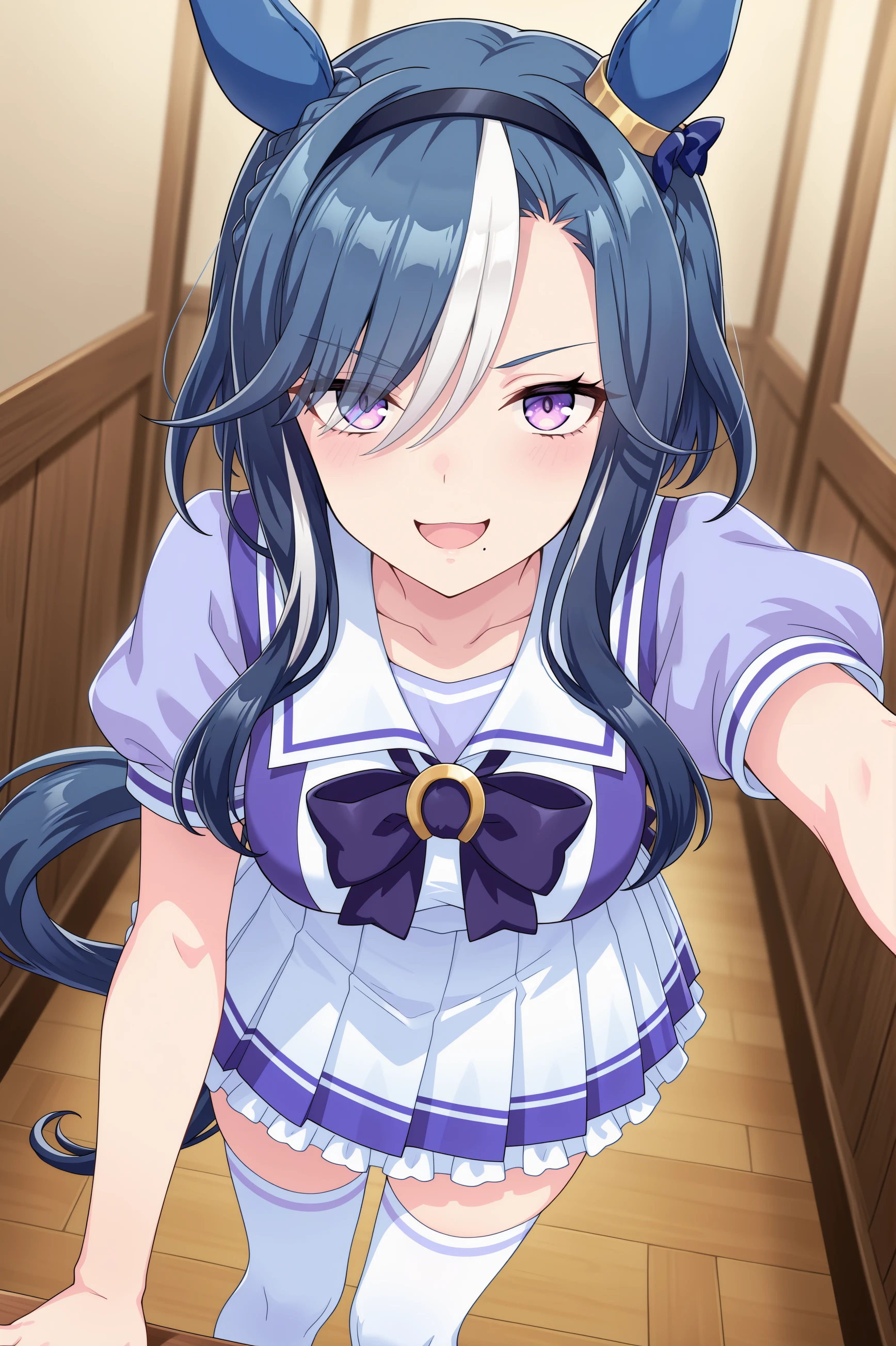 1girl, admire groove \(umamusume\), umamusume, animal ears, horse ears, horse girl, solo,
blue hair, purple eyes, multicolored hair, crown braid, ear covers, ear bow, medium breasts, white hair, two-tone hair, streaked hair, ear ornament, black hairband, medium hair, mole under mouth, blue bow, short hair with long locks, eyes visible through hair, hair over one eye,
<lora:admiregroove_Illust_v1:0.6>
tracen school uniform, short sleeves, white thighhighs, white skirt, summer uniform,
dutch angle, portrait, looking at viewer, smug, open mouth,comiket,
(masterpiece, best quality, newest, highres), (anime coloring:1.5), (anime screenshot:1.5)