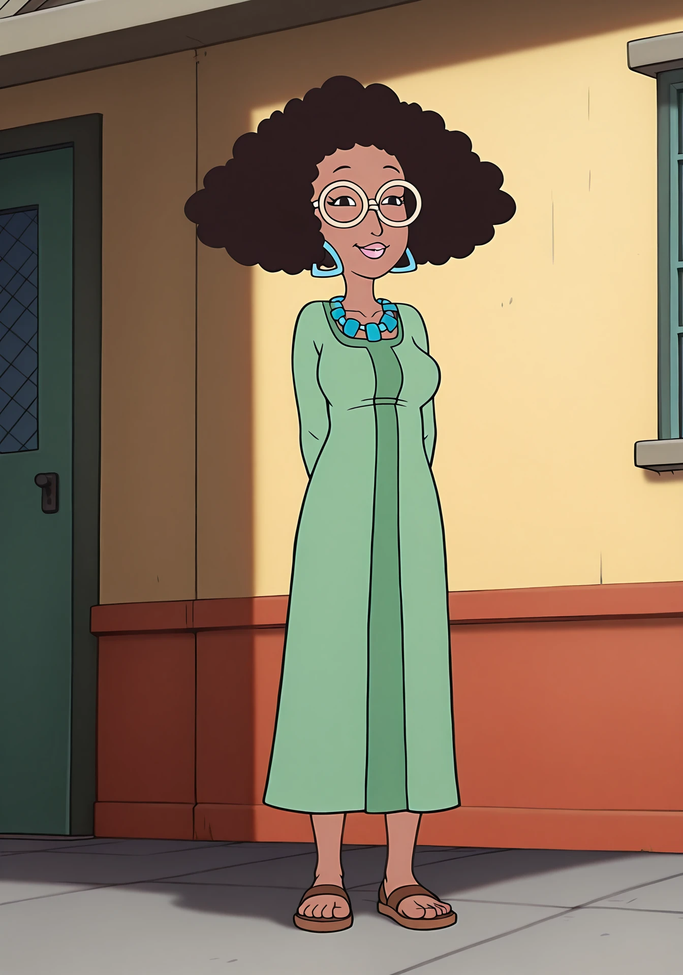 absurdres, 8k, high resolution, masterpiece, best quality, absolutely fantastic art, amazing quality, very aesthetic, <lora:msgrotke:1>, msgrotke, 1girl, solo, full body, dark skinned female, afro, glasses, smile, green dress, sandals