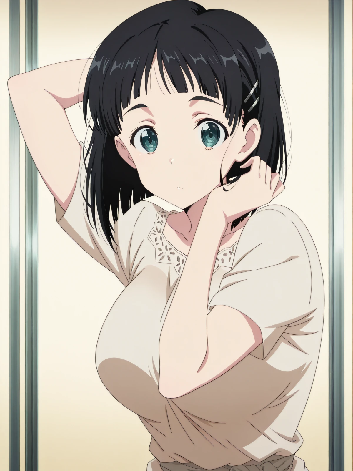 masterpiece, best quality, amazing quality,, <lora:suguha-kirigaya-s1-illustriousxl-lora-nochekaiser:1>, suguha kirigaya, short hair, black hair, hair ornament, hairclip, green eyes, mature female, large breasts, anime screencap, <lora:vogue-italia-september-1999-illustriousxl-lora-nochekaiser:1>, vogue italia september 1999, solo, looking at viewer, arm up, hands up, hand behind head, straight-on,, , ,
