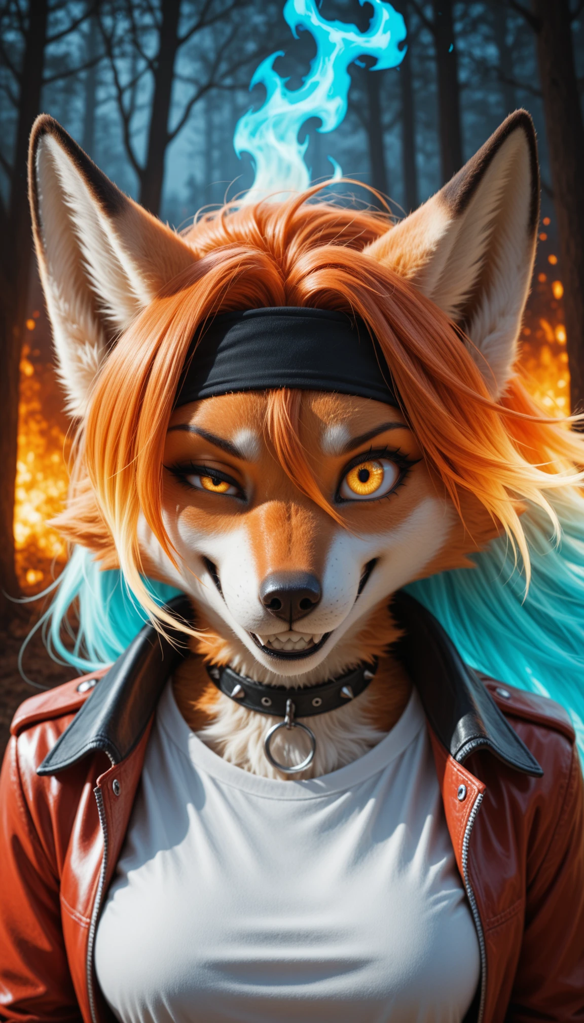 masterpiece, best quality, amazing quality, very aesthetic, 4k, high resolution, ultra-detailed, absurdres, realistic, photo, scenery, 1girl, furry, anthro, anthro furry female orange fox, phoenix fox girl, orange fur, long hair, multicolored glowing hair, gradient hair, flame hair, (glowing orange hair:1.1), glowing blue hair, floating hair, hair between eyes, black headband with fire pattern, glowing gradient orange yellow eyes, very big eyes, uneven eyes, upturned eyes, facing to the side, looking at viewer, intimidating, long snout, smirk, smug, grin, crazy smile, sharp teeth, black collar with white spikes, medium breasts, leather flaming hot red jacket over white shirt, cinematic lighting, fluffy, portrait, foreshortening, dutch angle, (detailed multicolor fire forest background, fiery background:1.2), (blue fire:1.2) AND red fire, dark ambient, glow, BREAK, cinematic, detailed eyes, photorealistic details, depth of field, detailed fluffy fur