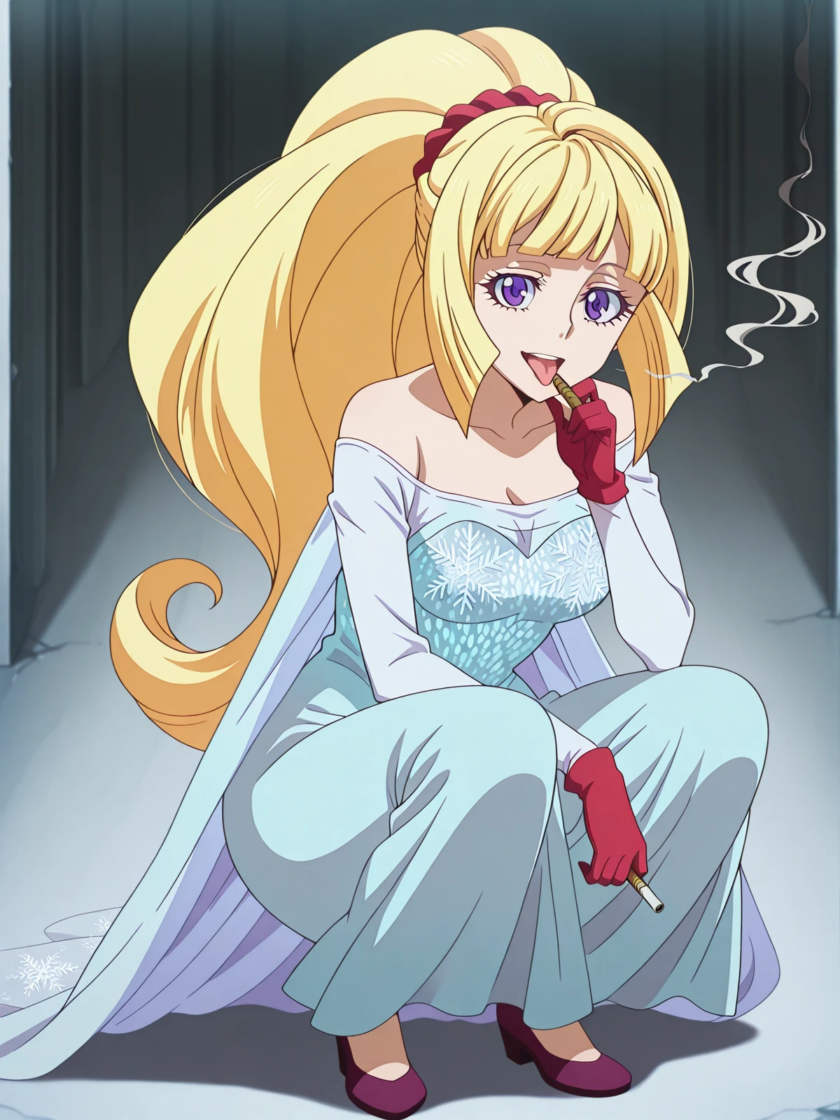masterpiece, best quality, amazing quality,, <lora:kudelia-aina-bernstein-anime-illustriousxl-lora-nochekaiser:1>, kudelia aina bernstein, purple eyes, long hair, blonde hair, bangs, blunt bangs, ponytail, scrunchie, red scrunchie, hair scrunchie, mature female, medium breasts, anime screencap, <lora:elsa-frozen-cosplay-illustriousxl-lora-nochekaiser:1>, elsa frozen cosplay, elsa (frozen) (cosplay), solo, dress, bare shoulders, off shoulder, blue dress, snowflakes, snowflake print, strapless, strapless dress, cape, <lora:slav-squatting-illustriousxl-lora-nochekaiser:1>, slav squatting, solo, looking at viewer, smile, gloves, holding, full body, looking at viewer, holding, holding cigarrette, smoking, hand up, tongue_out, open mouth, , ,