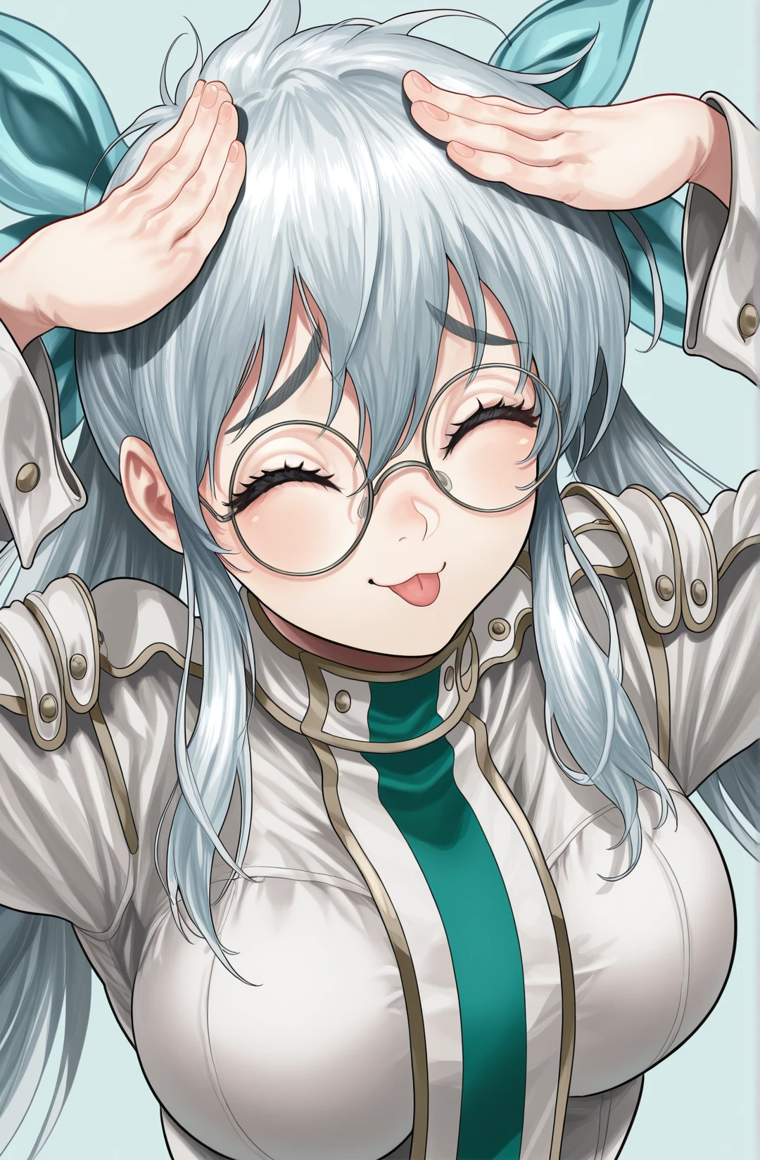 1girl,  <lora:Olmine_Illustrious:1> olmine, ribbons, glasses,  <lora:AhEtoBlehMeme_illusXLNoobAI_Incrs_v1:1>, AhEtoBlehMeme, closed eyes, tongue out, :p, hands on own head, smile, masterpiece, best quality, newest, absurdres, highres, new, noblood \(ryandomonica\), kase daiki