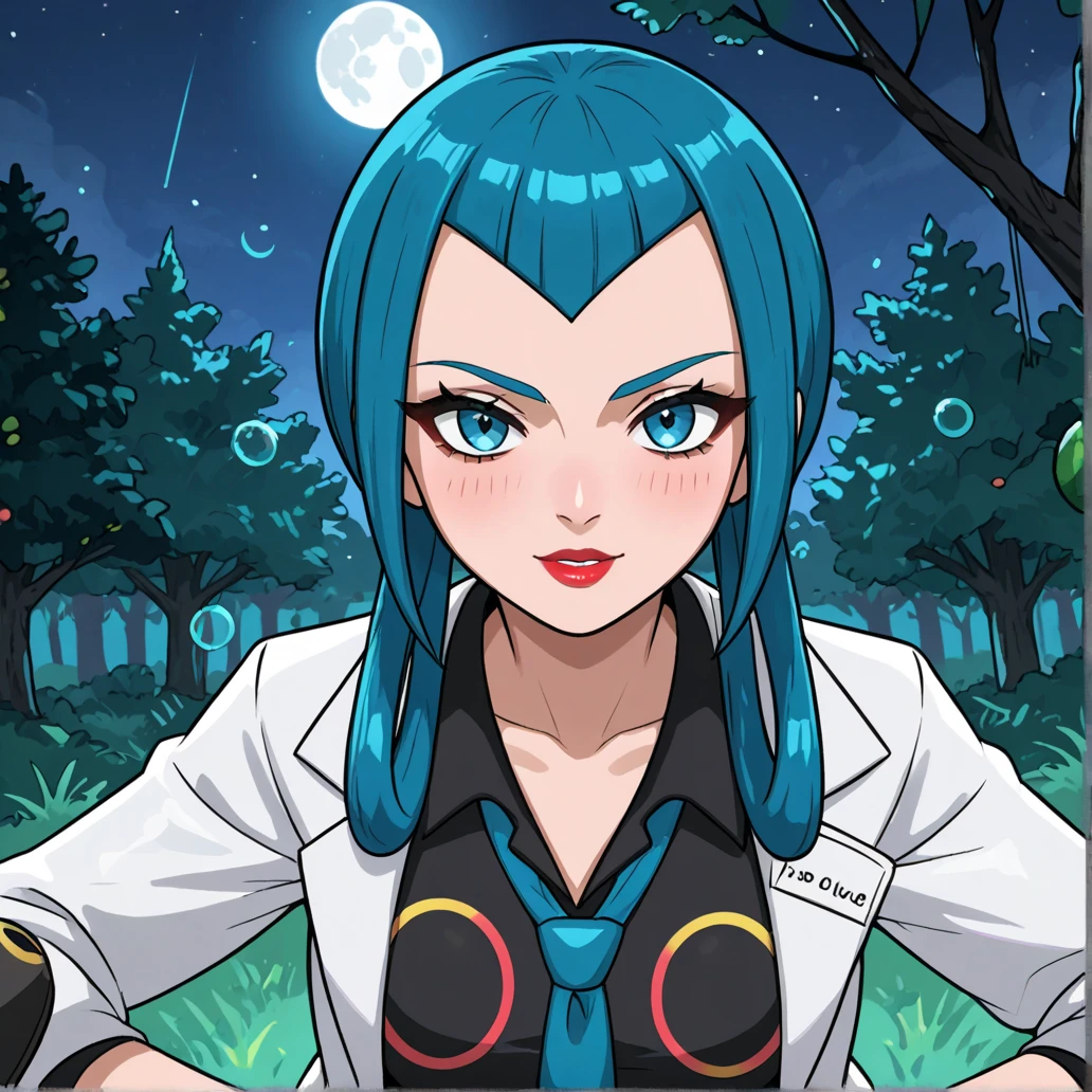 2d, masterpiece, best quality, amazing quality, highres, absurdres, newest, 1girl, solo, standing, leaning forward, upper body, close-up, looking at viewer,  from front, woods, night, moon, bare tree, colorful, zamable, mable \(pokemon\), blue hair, bangs, hair rings, blue eyes, red lips, blue nails, collarbone, collared dress, black dress, blue necktie, labcoat, long sleeves, black pantyhose, black belt, score_9, score_8_up,score_7_up,source_anime, score_9, score_8_up,score_7_up,source_anime