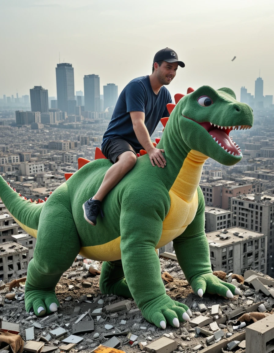 <lora:MIP-Plush_Ride_ill:1> pl1sh, photo of a man riding a huge giant stuffed toy dinosaur, over a ruined city, from side,